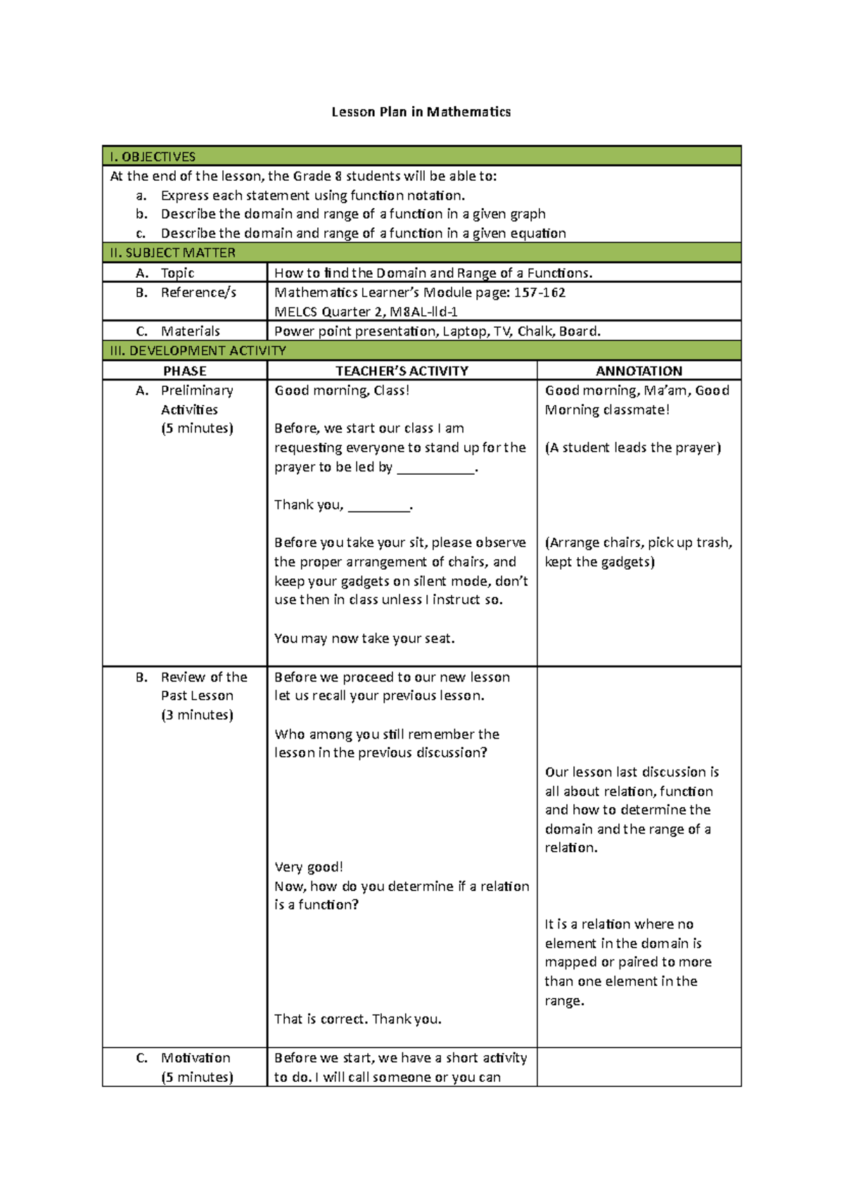 Lesson Plan in Mathematics - OBJECTIVES At the end of the lesson, the ...