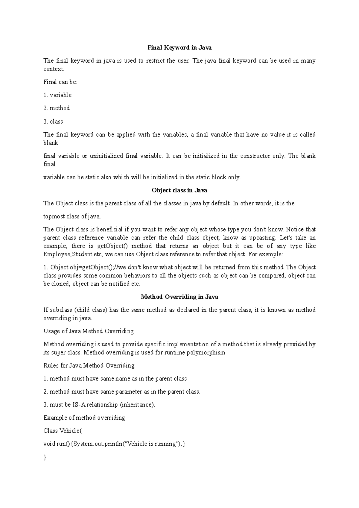 Final Exam Notes on Java Interfaces and Final Keyword (CS101) - Studocu