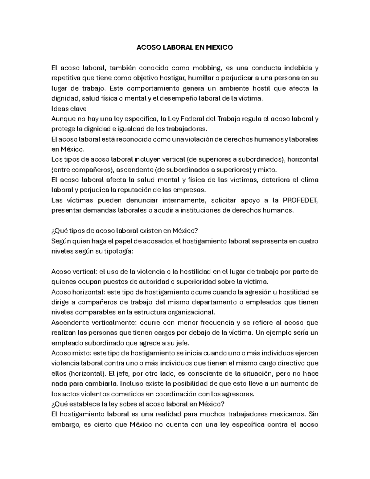 ACOSO LABORAL EN MÉXICO: Tipos, Leyes y Consecuencias - Studocu