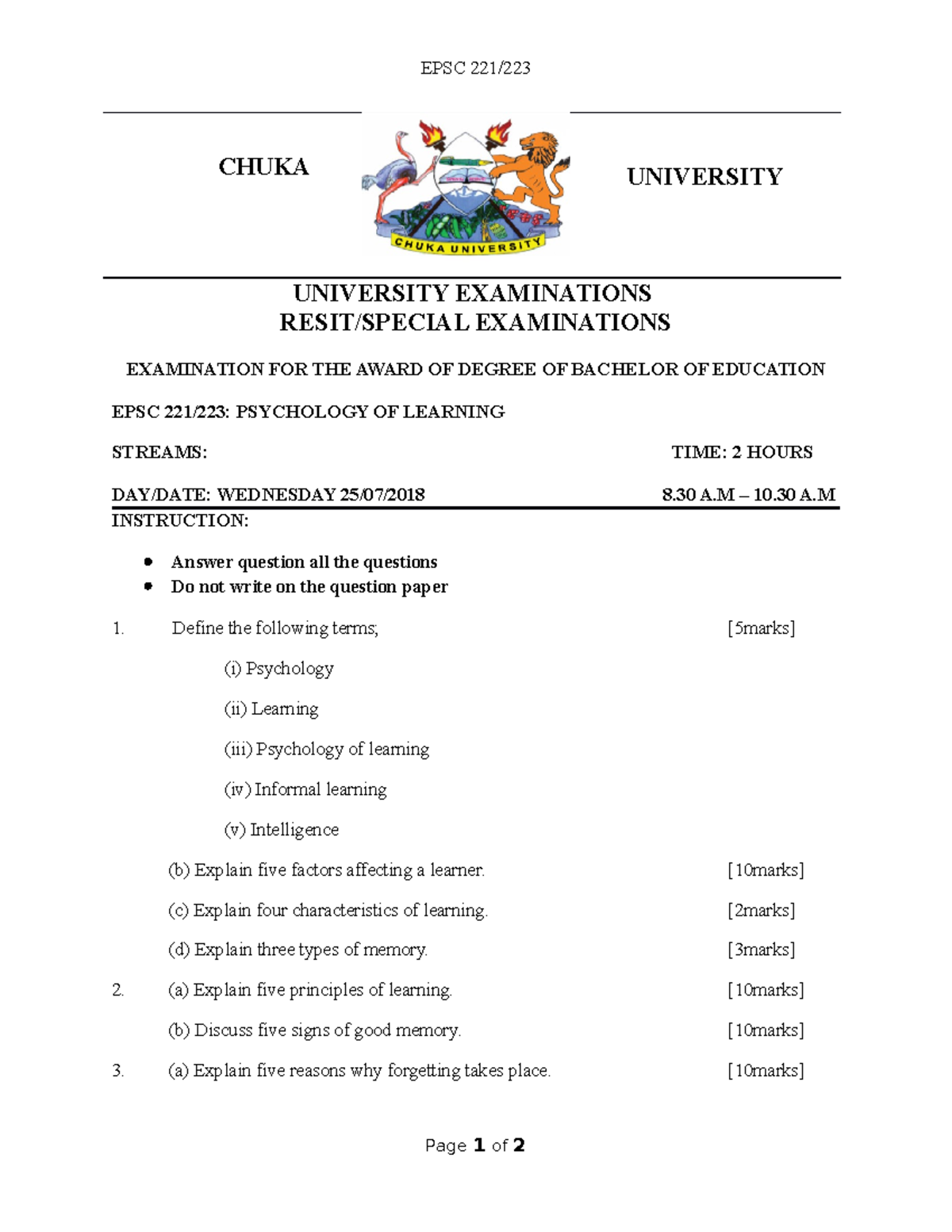 EPSC 221/223: Resit/Special Exam on Psychology of Learning - Studocu