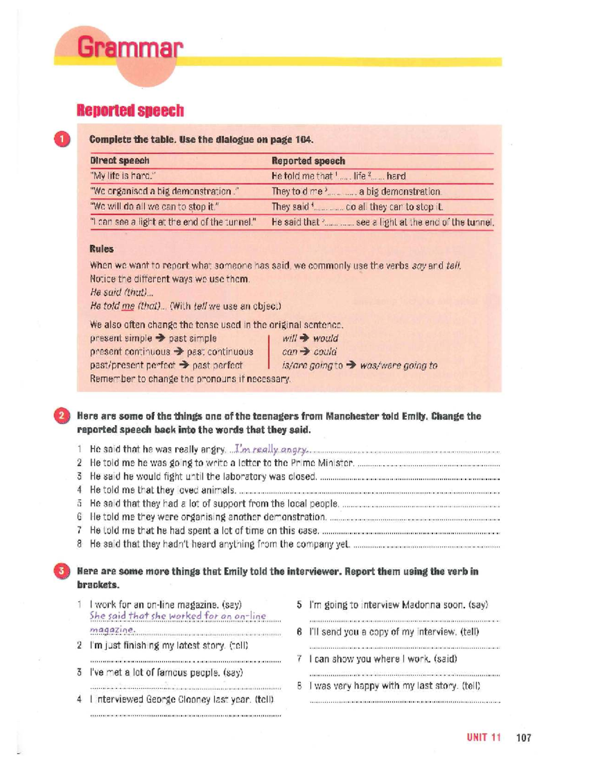 Grammar Reported Speech Exercises - More 4 SB 107,108 - Studocu