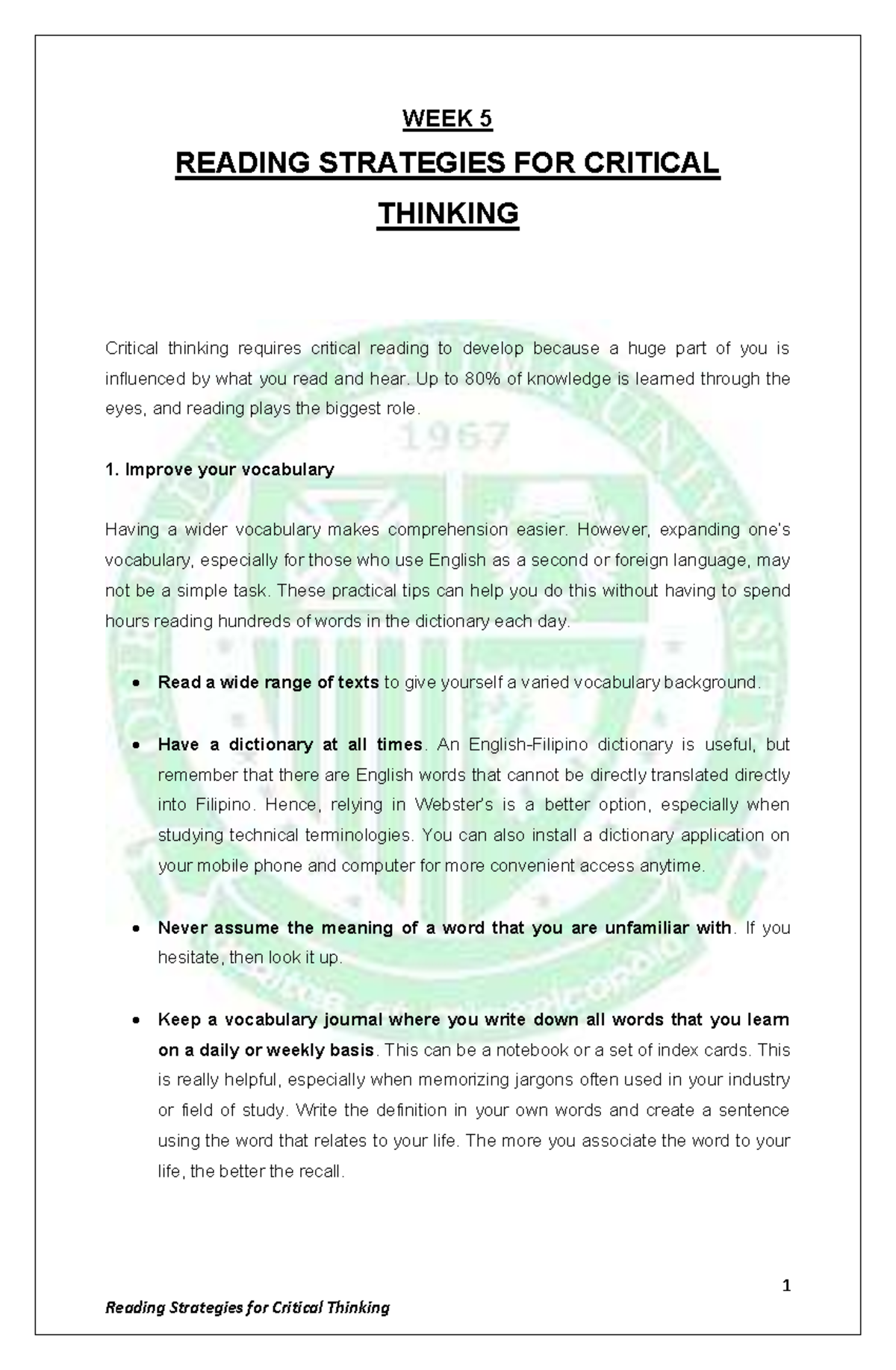 Week+5+-+ Reading+ Strategies+FOR+ Critical+ Thinking 2 - 1 Reading ...