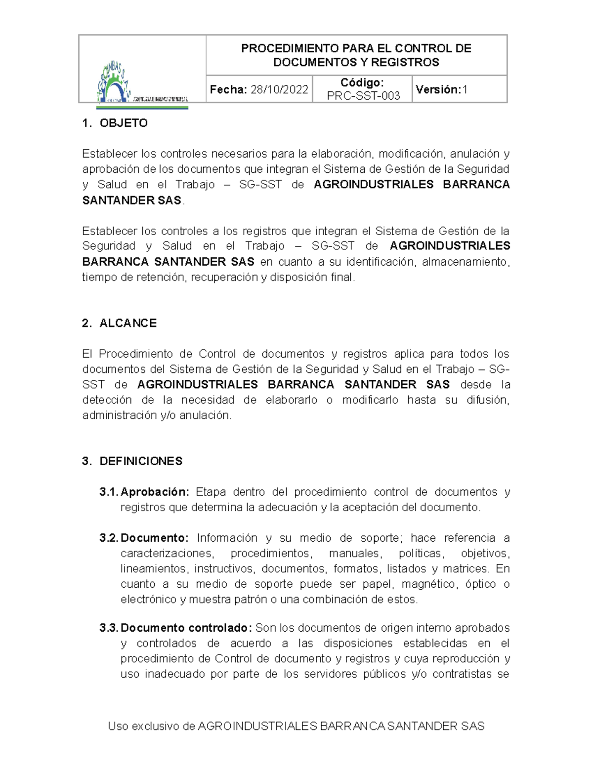 PRC-SST-003 Procedimiento de Control de Documentos y Registros SG-SST ...