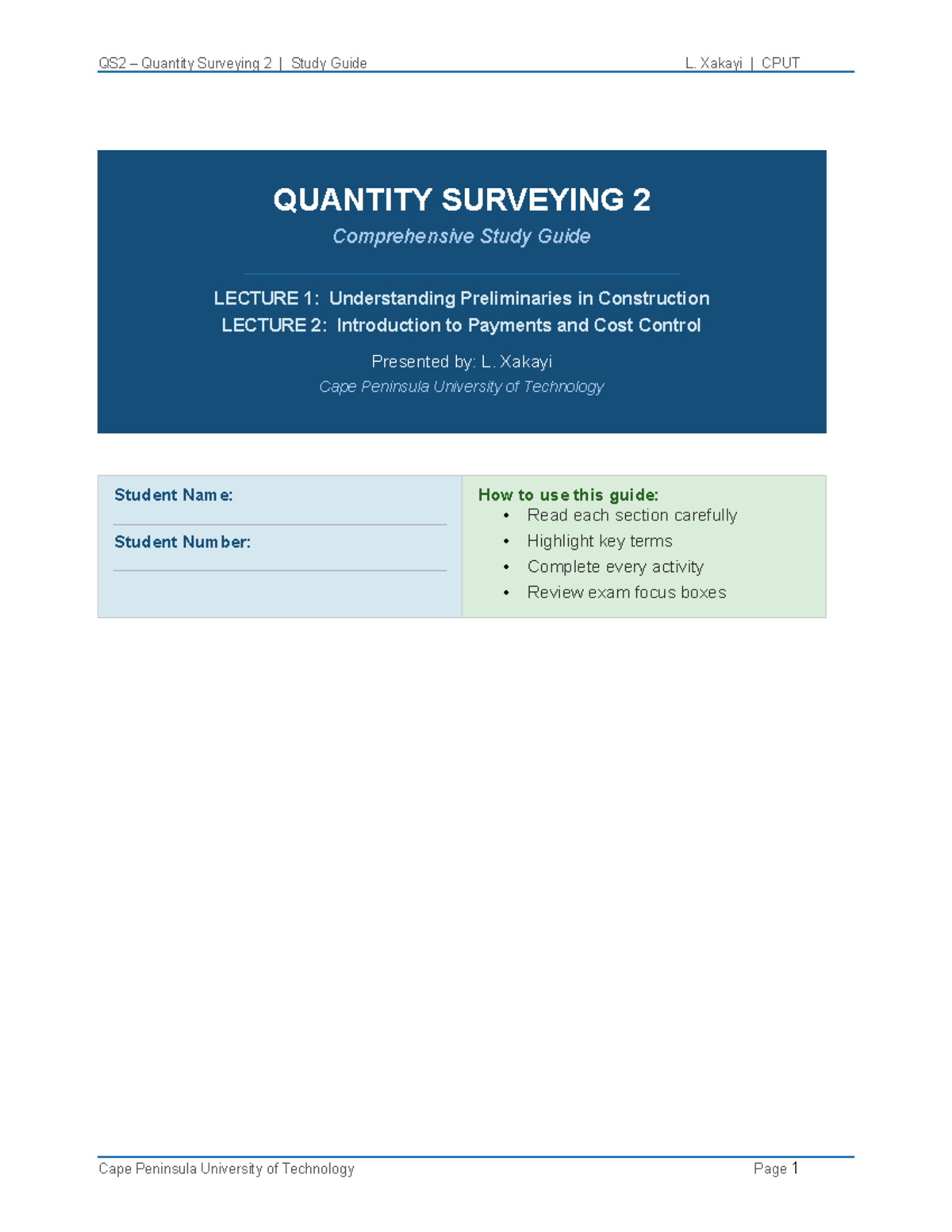 QS2 Quantity Surveying 2 Study Guide: Preliminaries & Cost Control ...