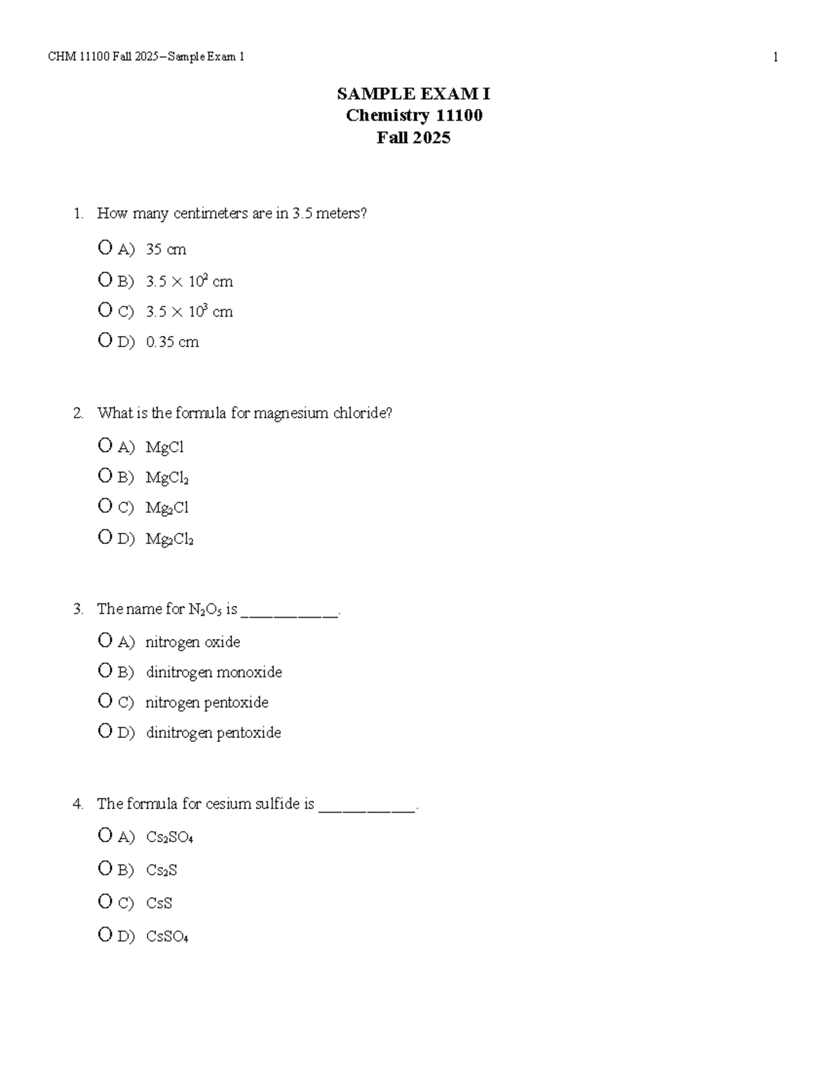 CHM 11100 Fall 2025 – Sample Exam 1 with Answer Key - Studocu