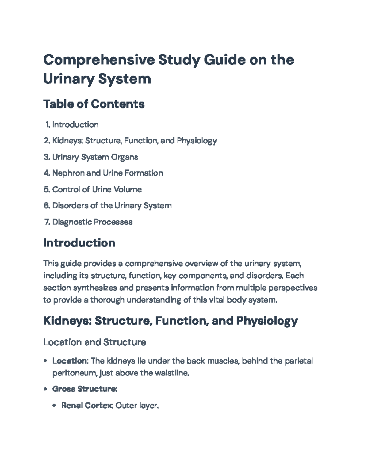 Comprehensive Study Guide: Urinary System (BIO 101) - Structure ...
