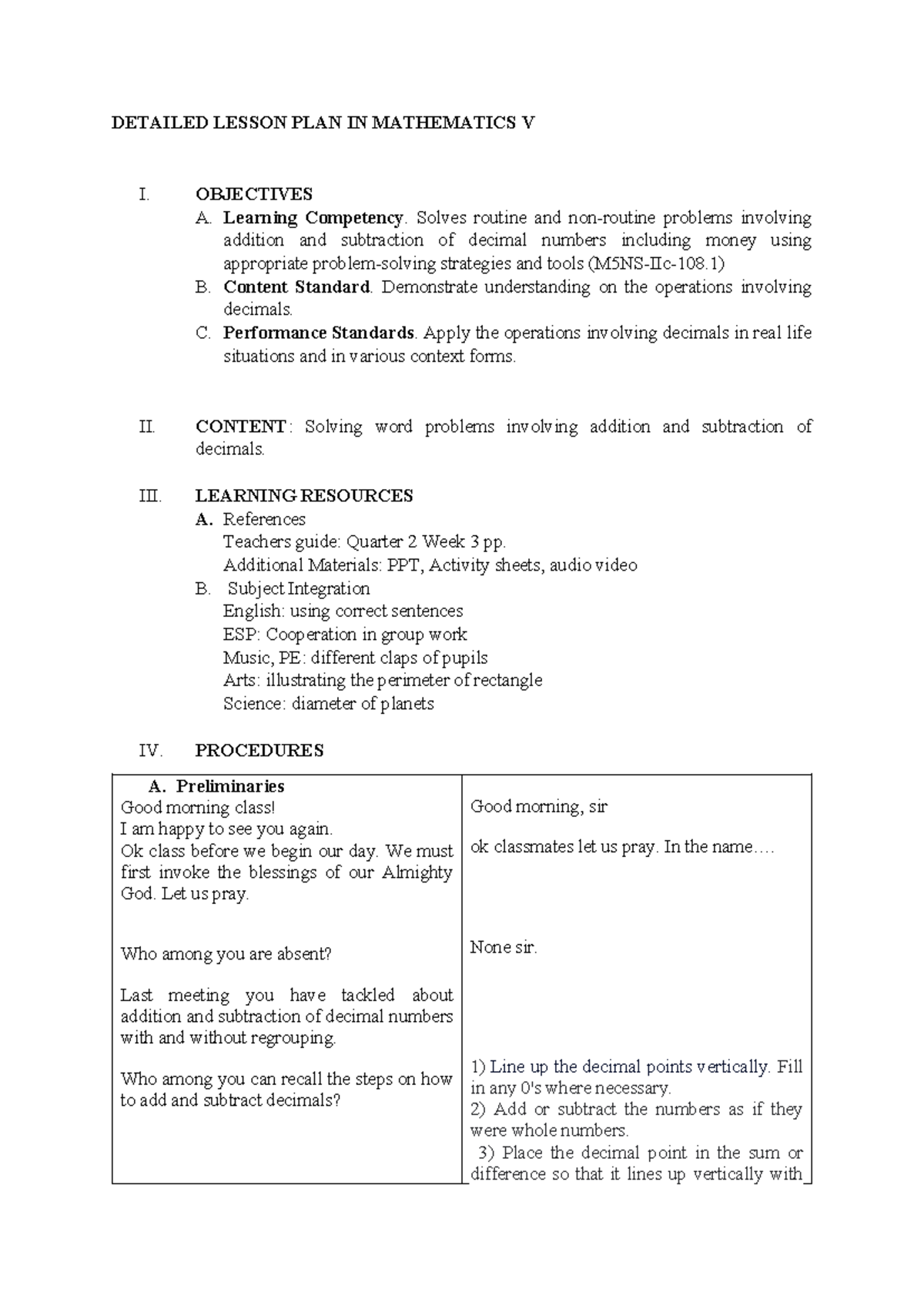 Detailed Lesson Plan in Mathematics V: Addition & Subtraction of ...