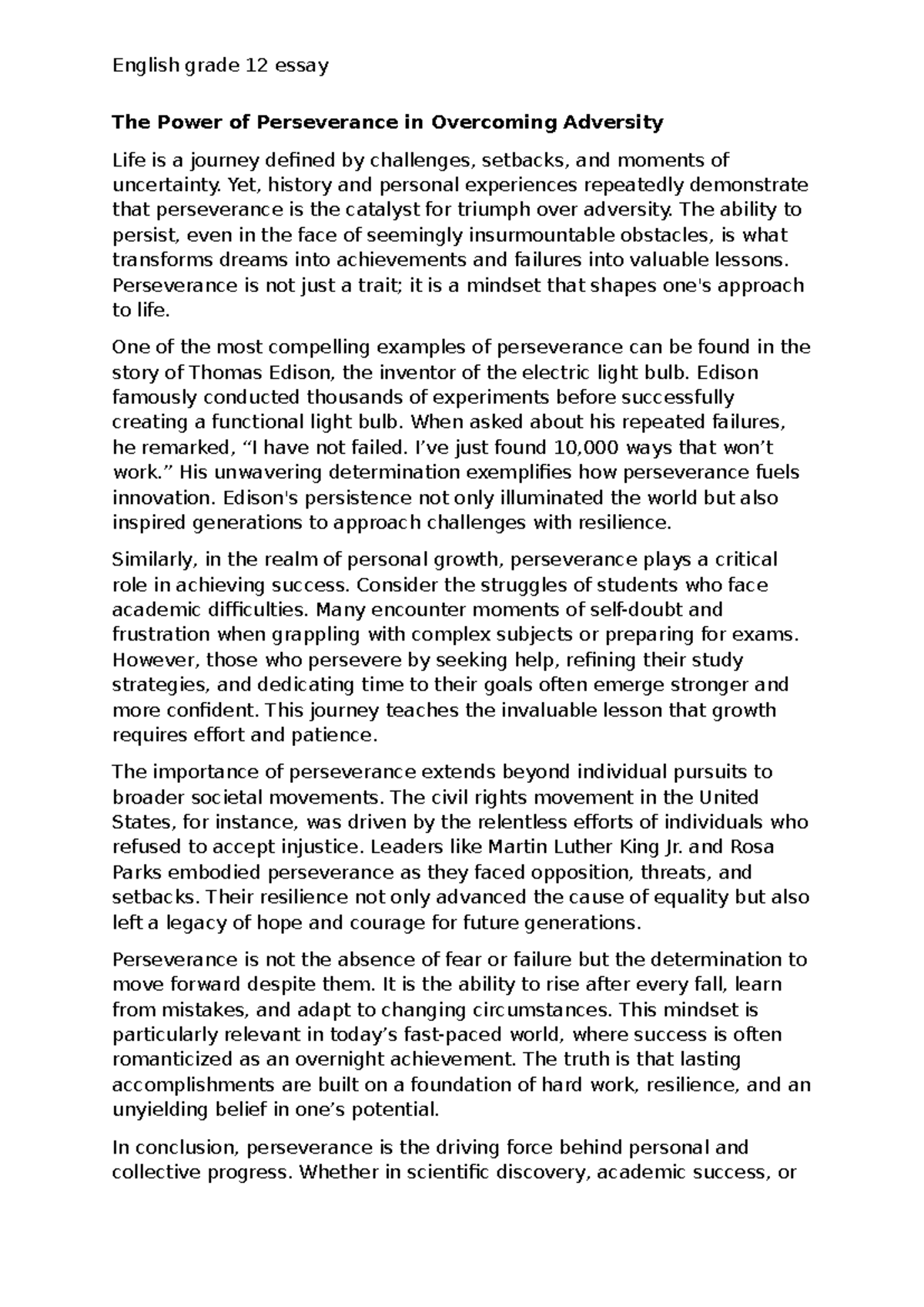 ENG12 Essay: The Power of Perseverance in Overcoming Adversity - Studocu