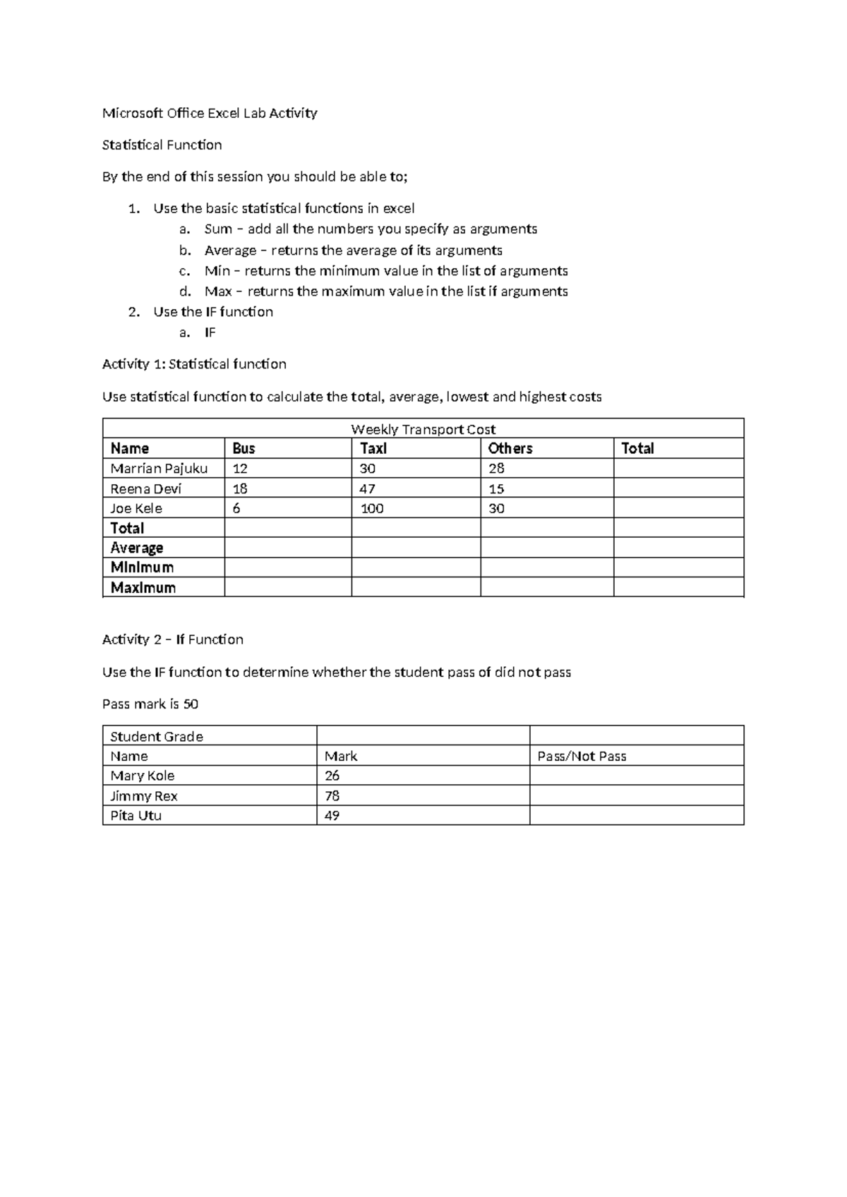Excel Lab Activity 2: Statistical Functions & IF Functions Overview ...