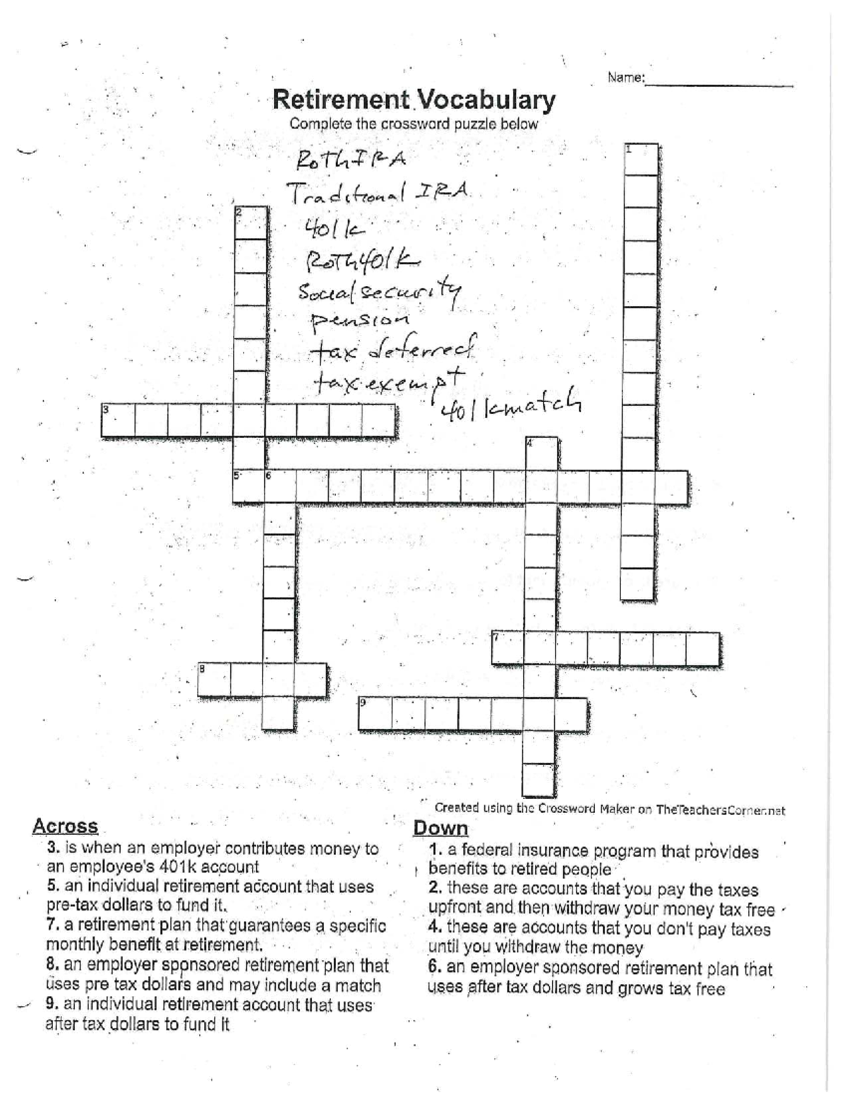 Retirement Vocabulary Crossword and 401k Math Exercises - Studocu