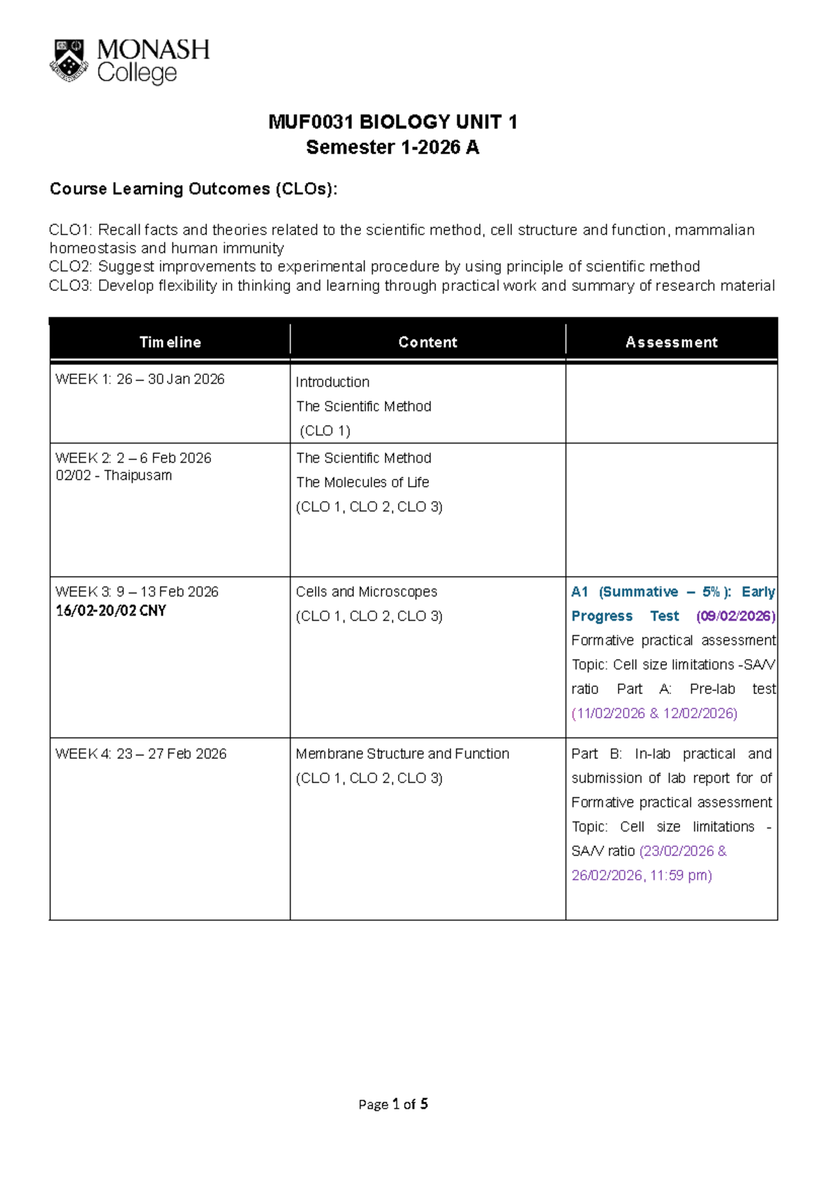 MUF0031 Biology Unit 1 Semester A Course Learning Outcomes Overview ...