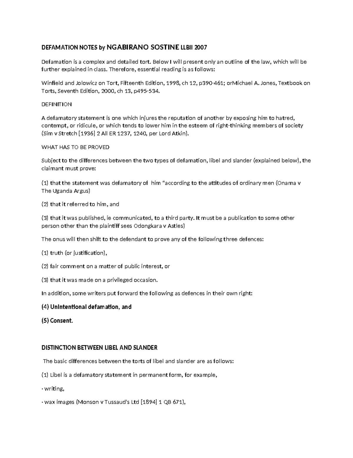 DEFAMATION NOTES LLBII 2007 - NGABIRANO SOSTINE - Studocu