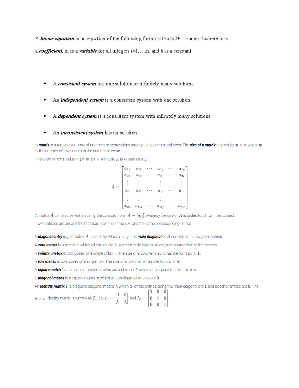 Module 1 Notes - Linear Equations and Matrix Operations - Studocu