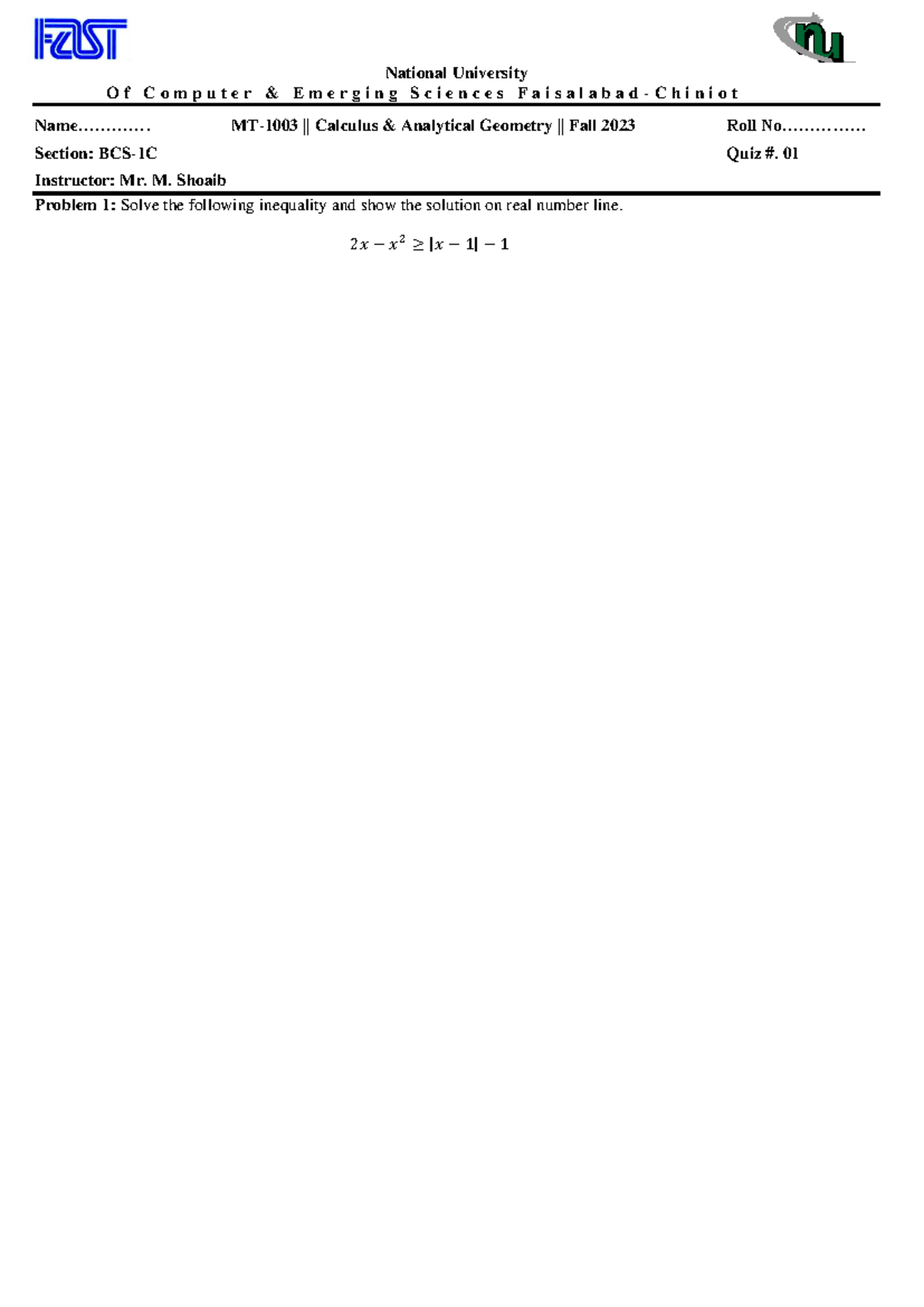 Quiz 1 1C - Quiz - calculus and analytical geometry - National ...