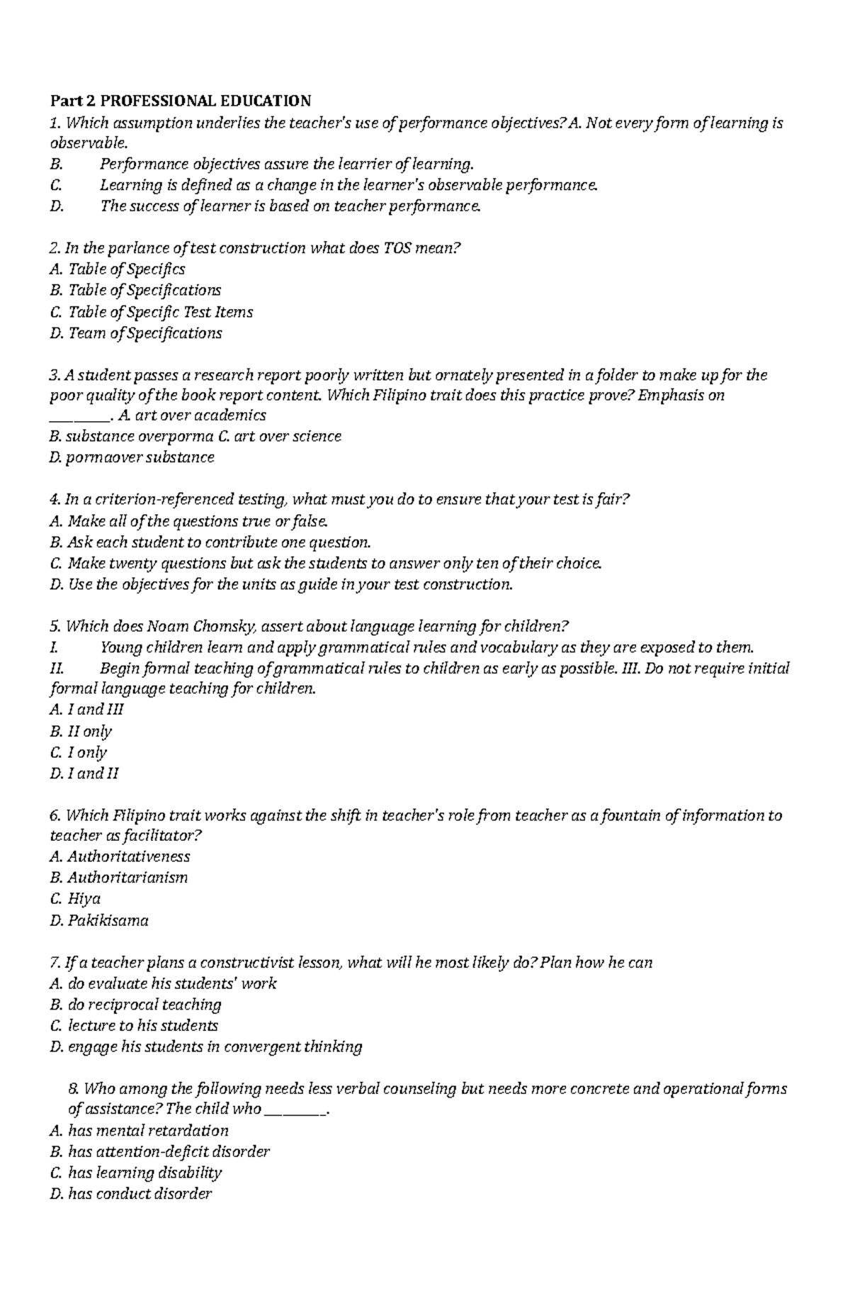 Part 2 Professional Education: Key Concepts & Practice Questions - Studocu