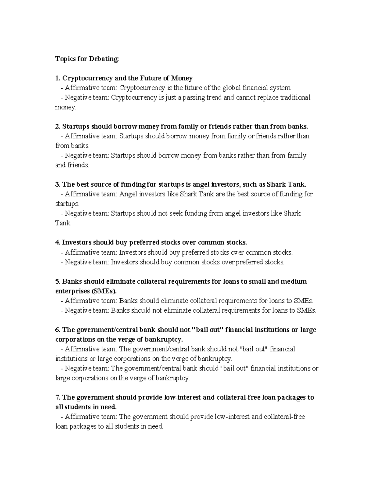 Principles of Financial Market Debate Topics & Rules Update - Studocu
