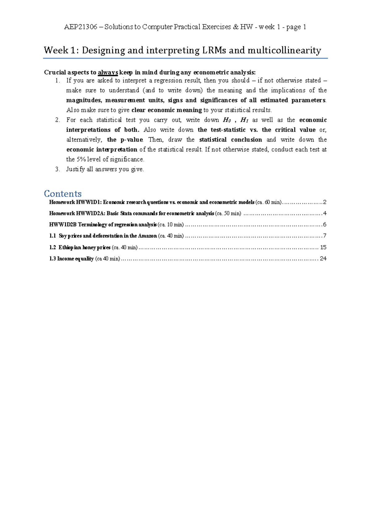 Econometrics Exercises Week 1 Answers (2023) - Key Concepts & Insights ...