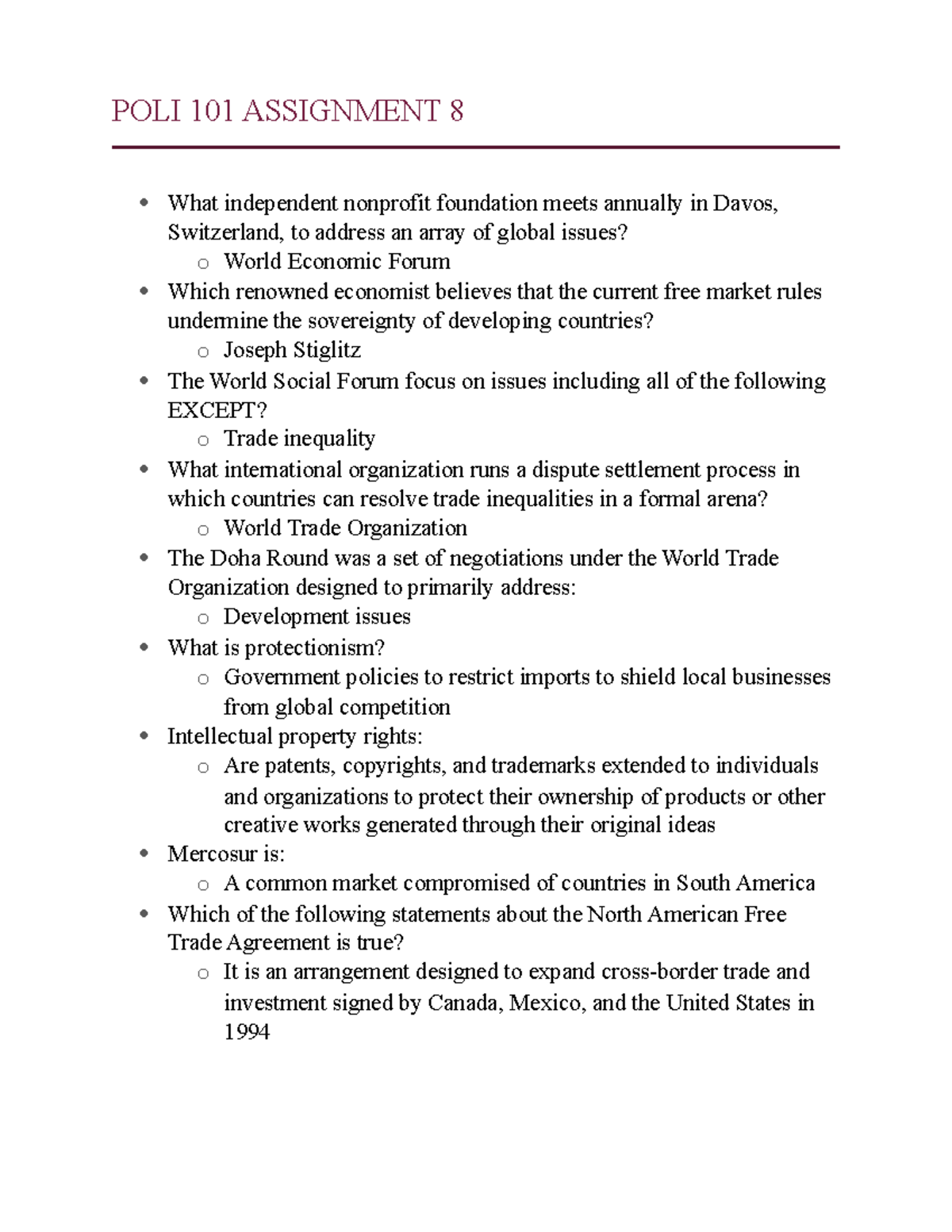 POLI 101 Assignment 8 - Global Economic Issues and Organizations - Studocu
