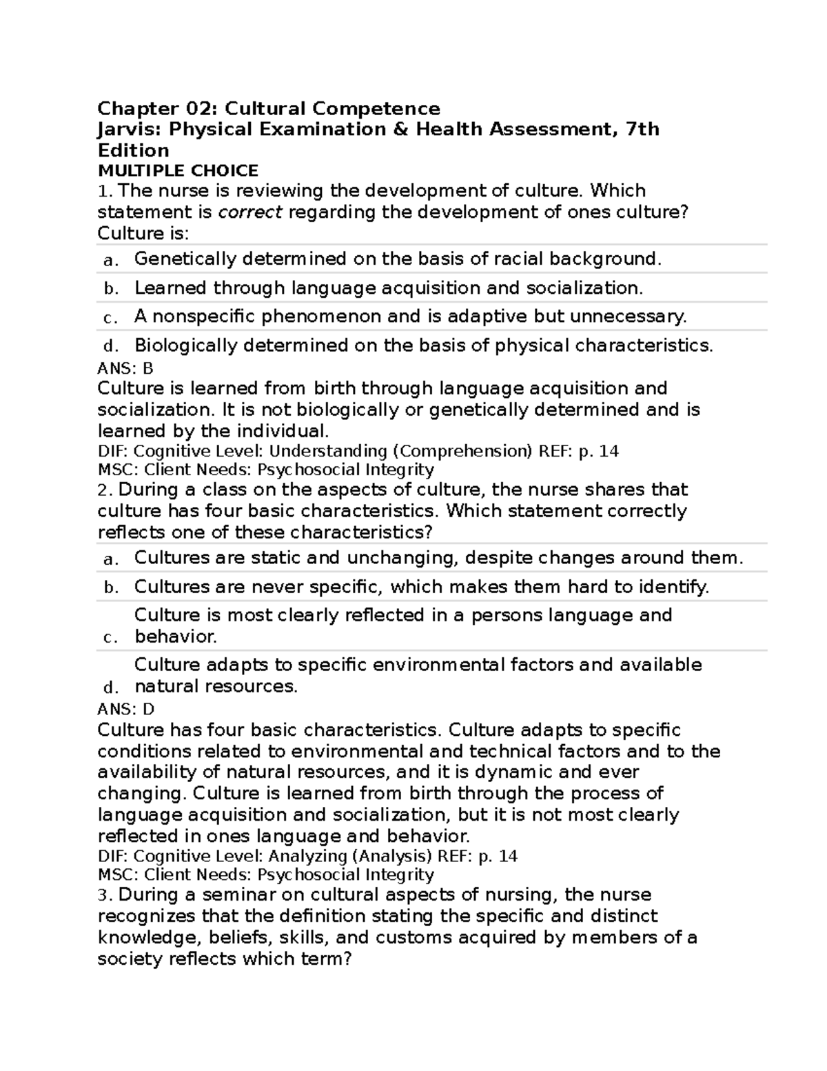 Test Bank CH02: Cultural Competence in Nursing Assessment - Studocu