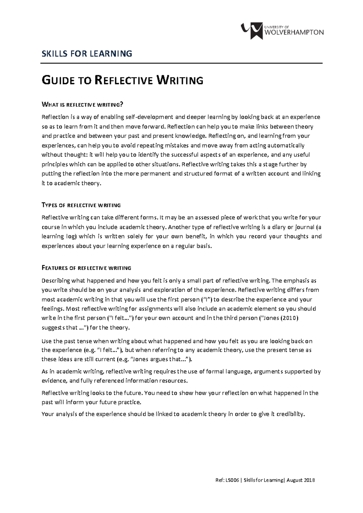 LS006 Reflective Writing Guide: Skills for Learning Overview - Studocu