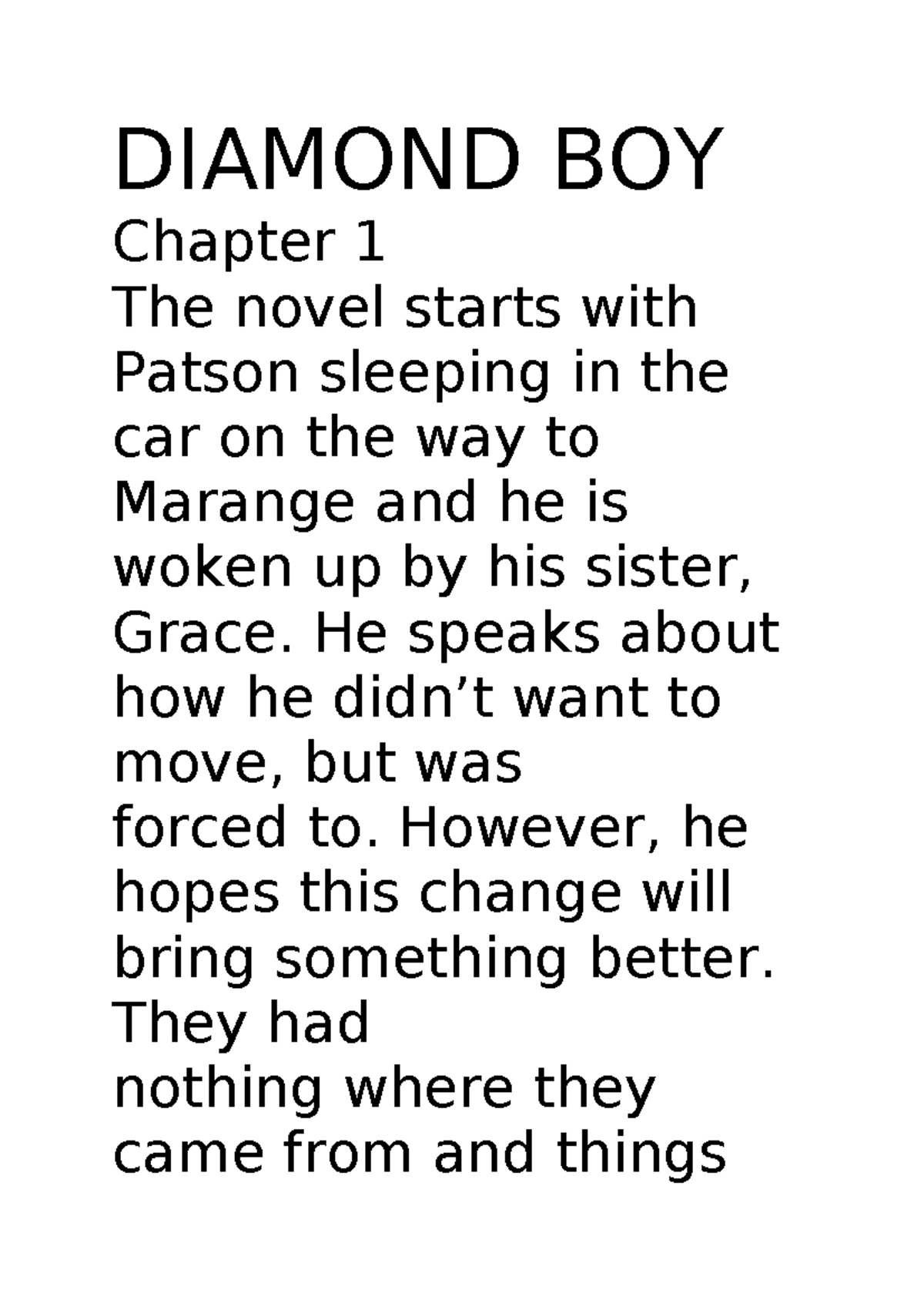 Diamond Boy Chapter 1 Summary - Key Themes and Events - Studocu