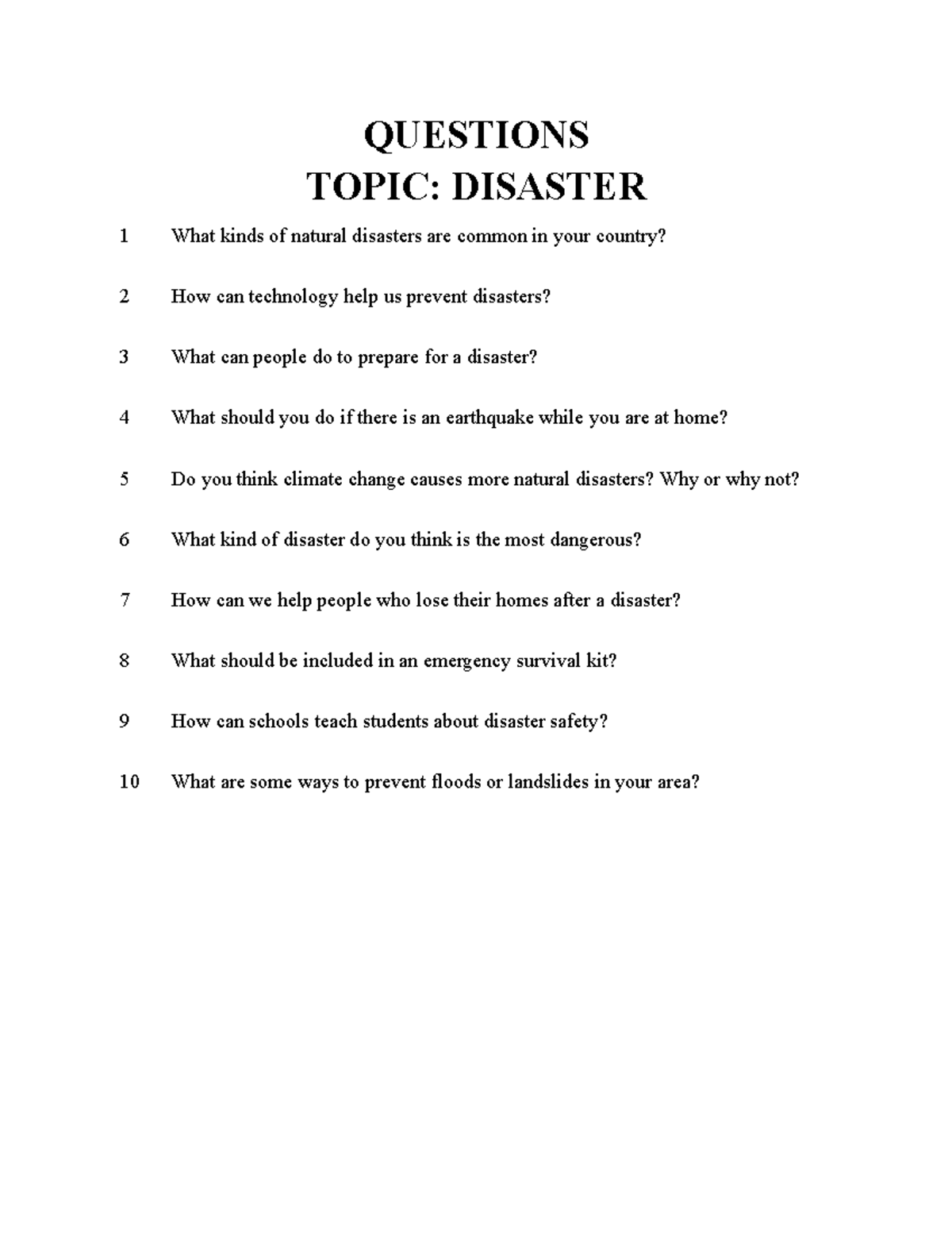 Disaster Preparedness: Questions & Vocabulary List - Studocu