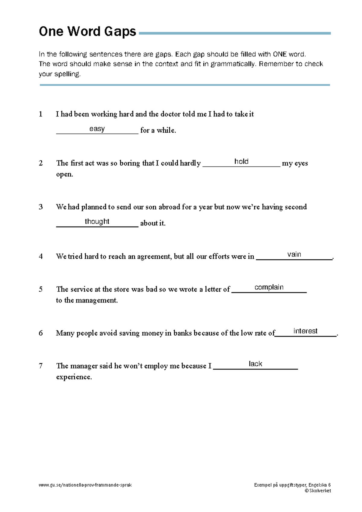 En6 One Word Gaps Exercise - Fill in the Blanks - Studocu