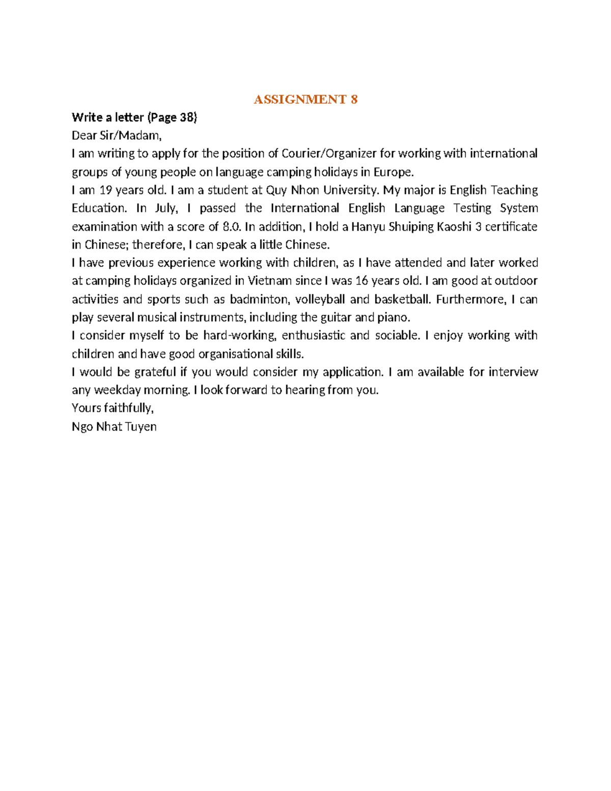 Assignment 8 - Application Letter for Language Camping Position - Studocu