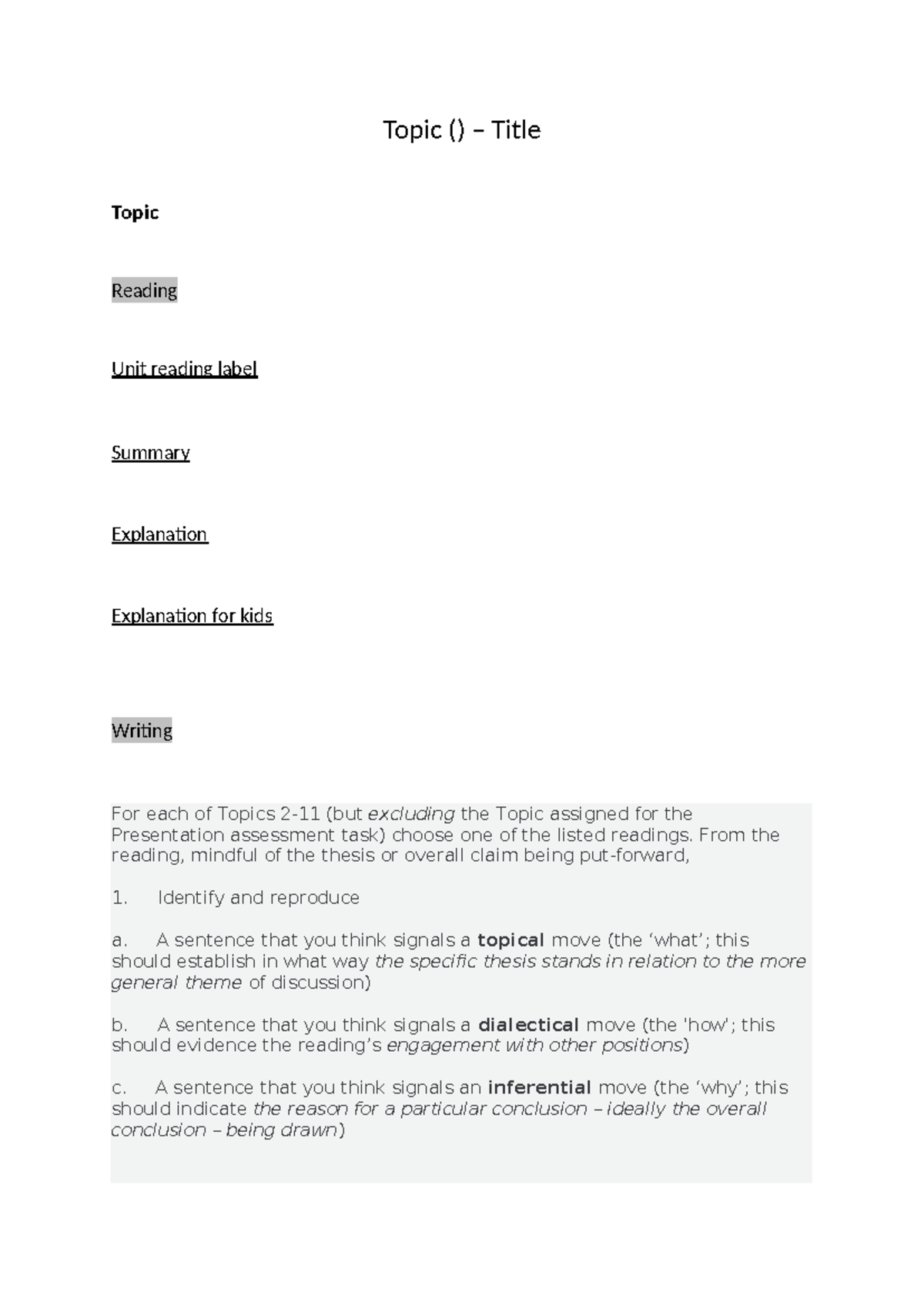 ENG 101: Reading Unit Summary & Analysis Template - Studocu