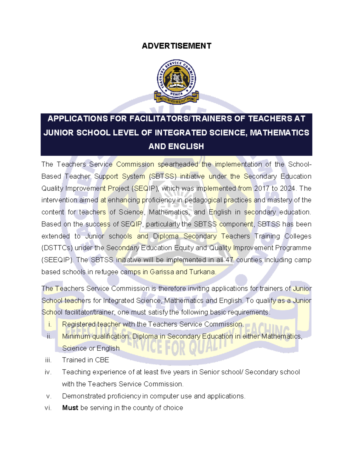 Advert: Applications for Junior School Teacher Trainers (SEQIP) - Studocu