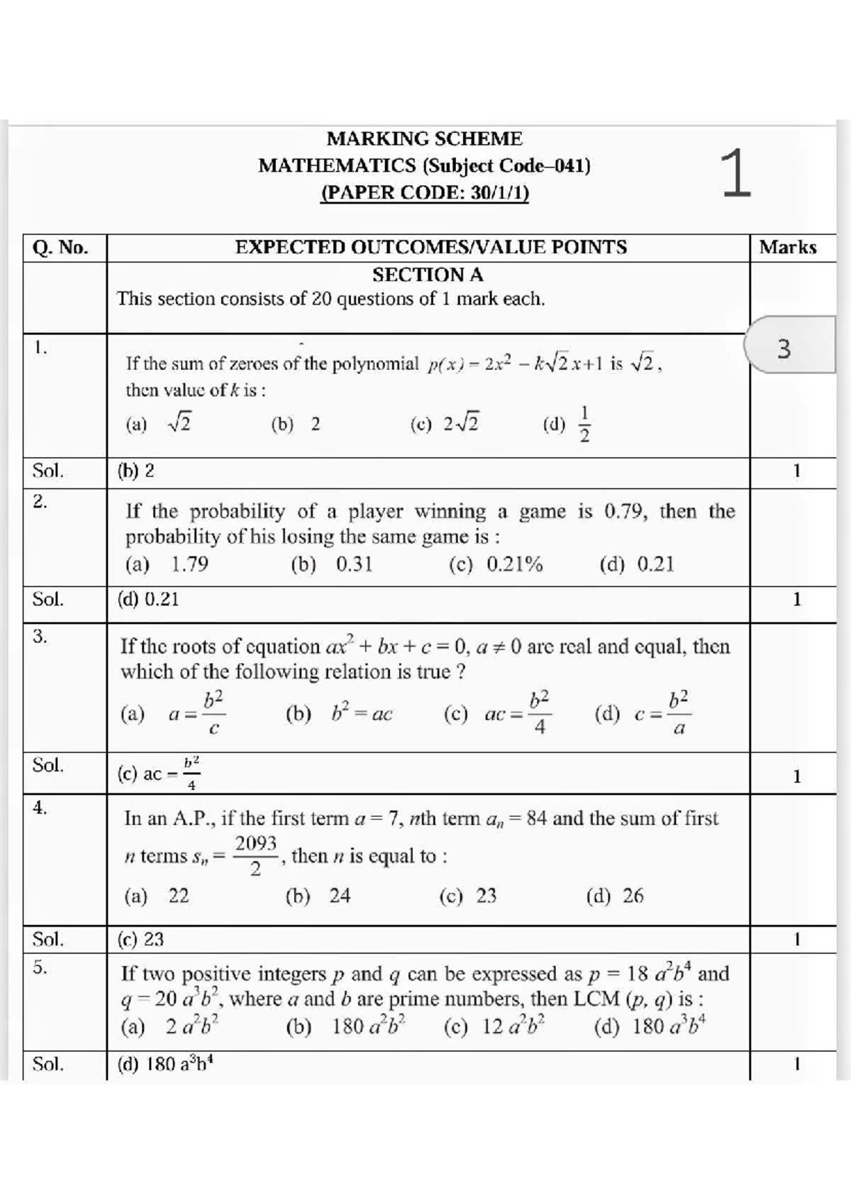 Class 10th Mathematics Important Questions Paper Solution (PAPER CODE ...