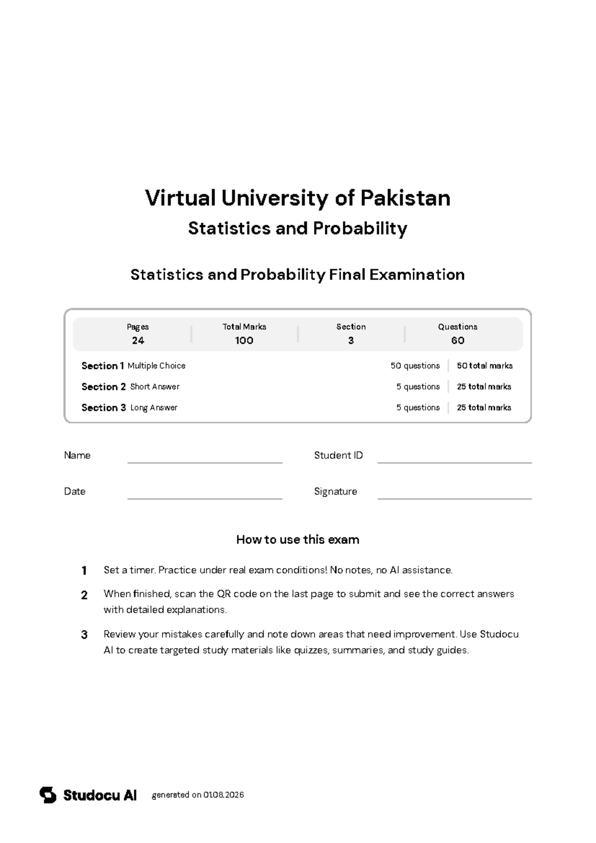 Statistics and Probability Final Exam - Studocu