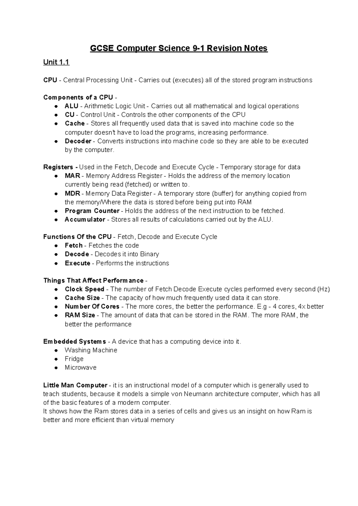GCSE Computer Science Revision Notes: Unit 1.1 - CPU & Memory Concepts ...
