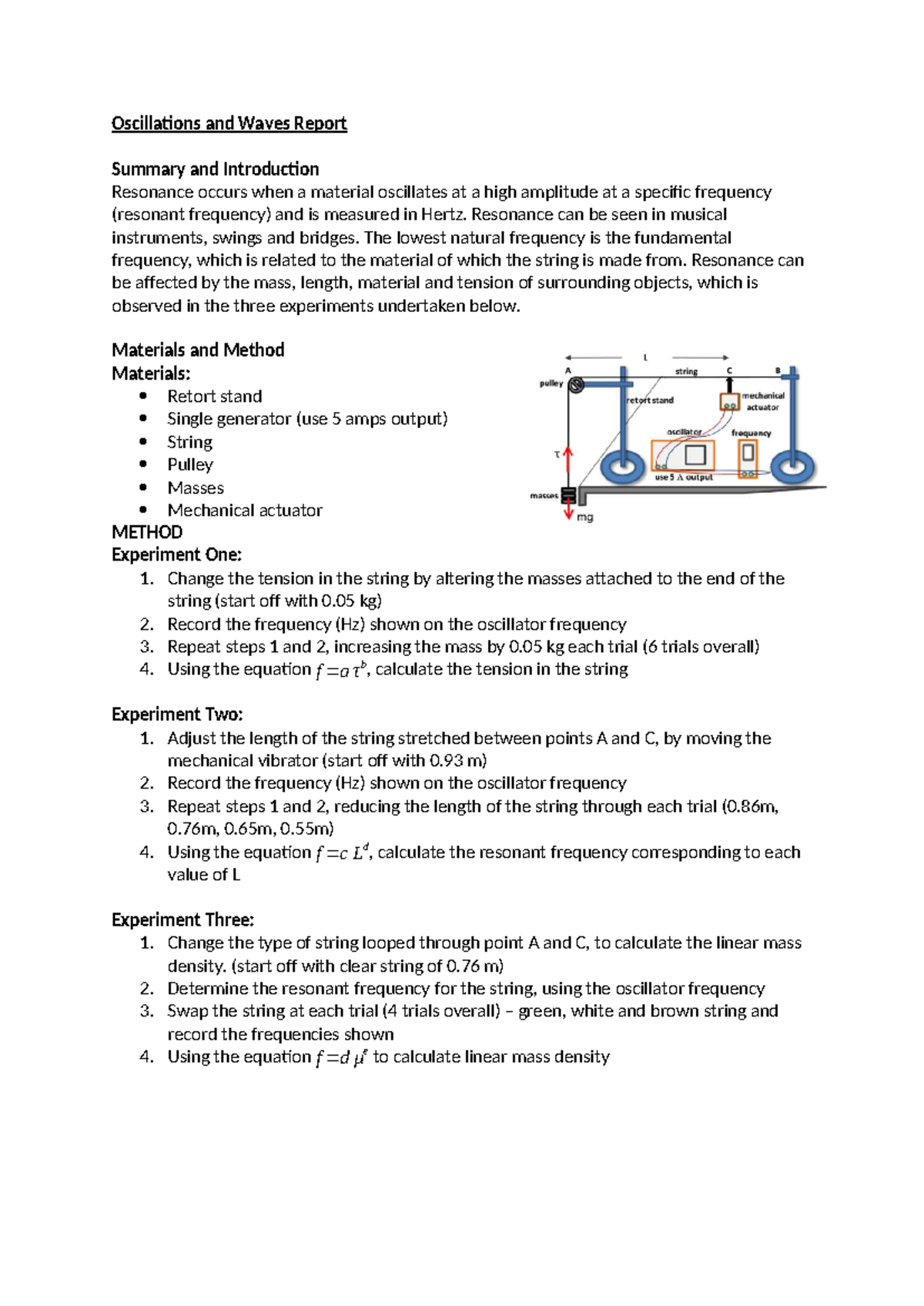 Oscillations and Waves Report: Exploring Resonance Effects in ...
