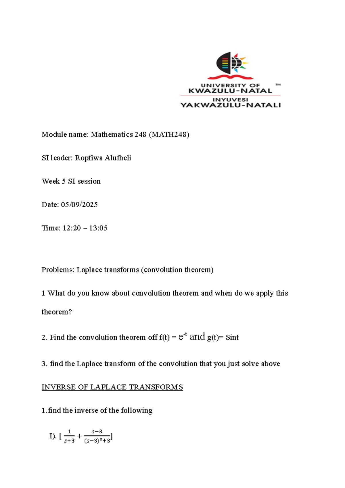 practise matth248 - Module name: Mathematics 248 (MATH248) SI leader ...
