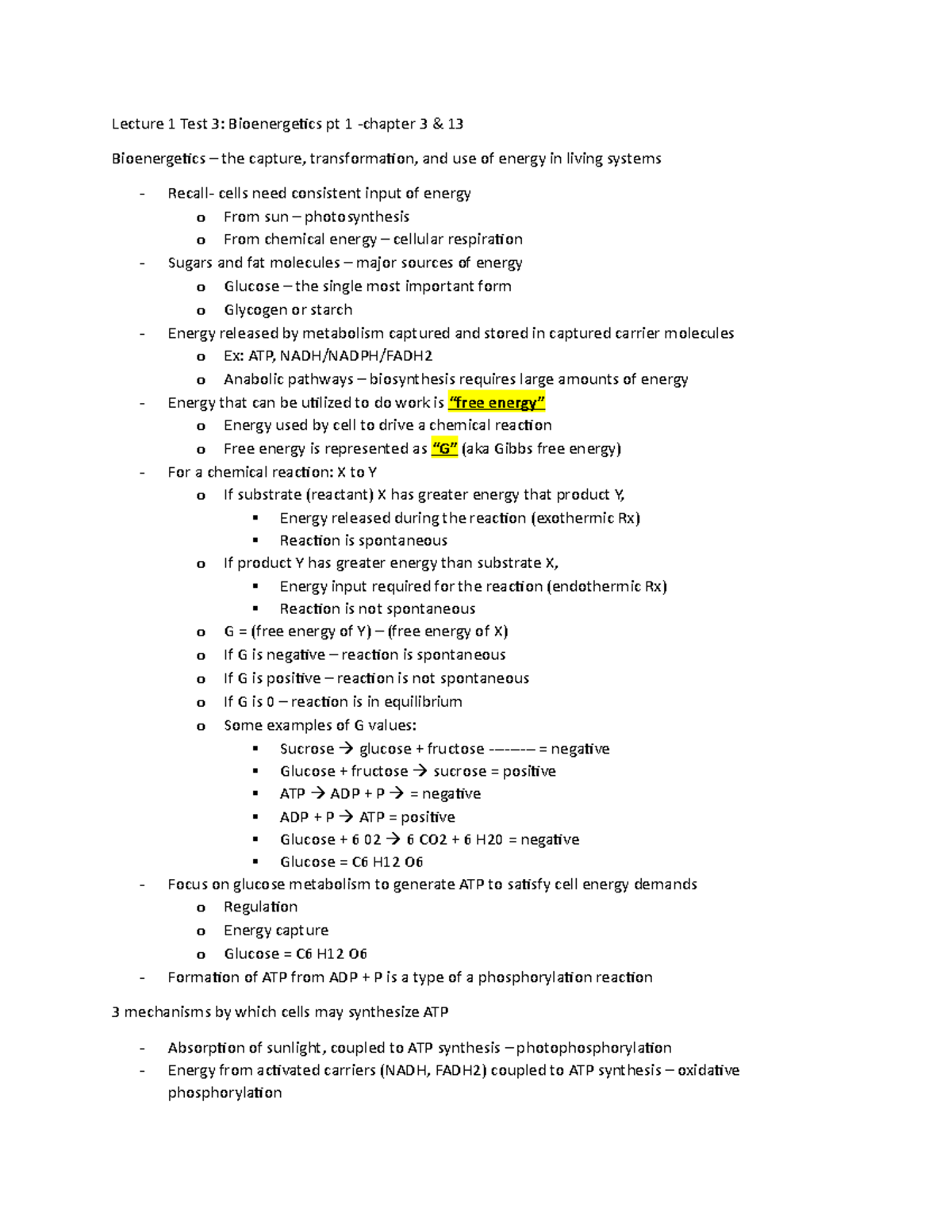 Lecture 1 test 3 - notes - Lecture 1 Test 3: Bioenergetics pt 1 ...