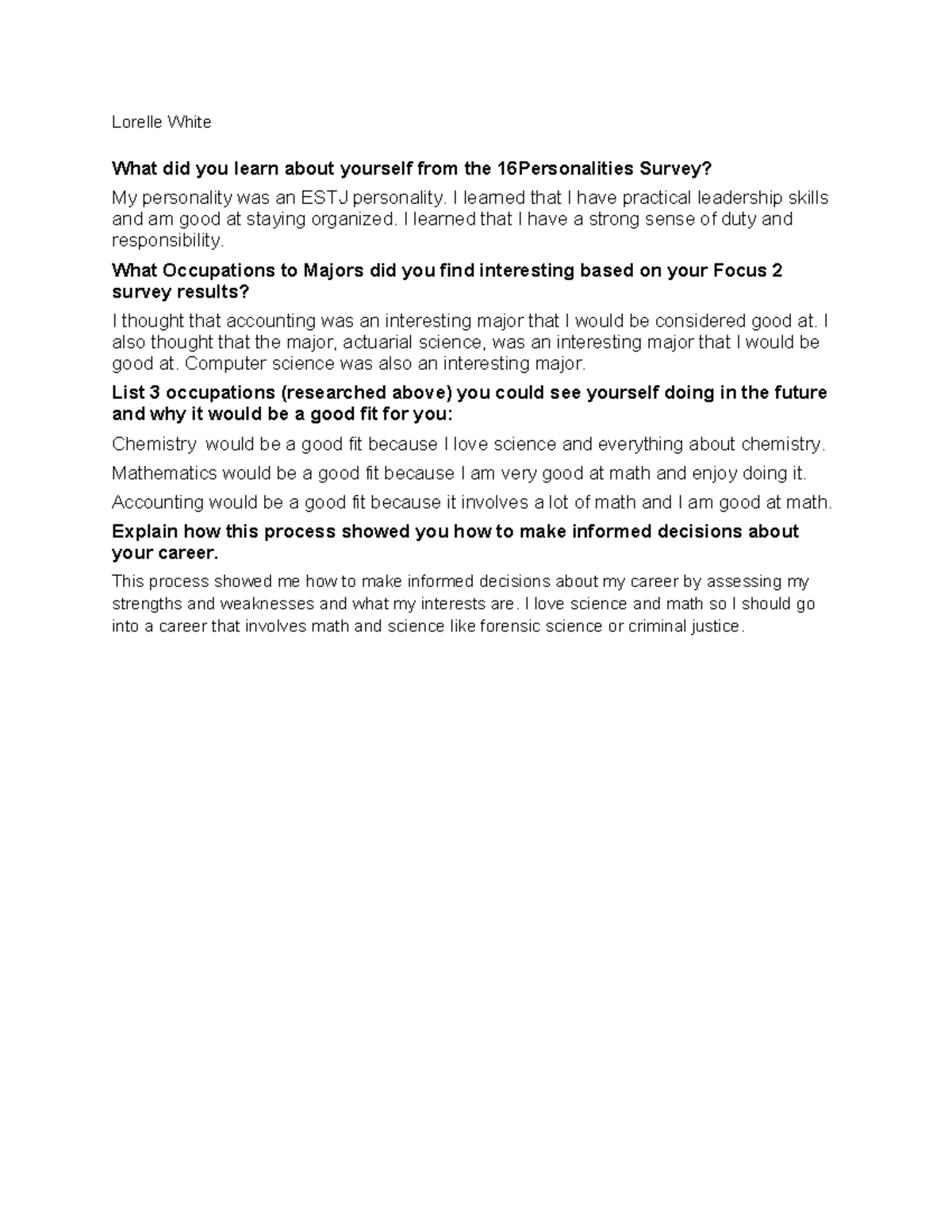Final Assignment: Personal Insights & Career Exploration (PERS 101 ...