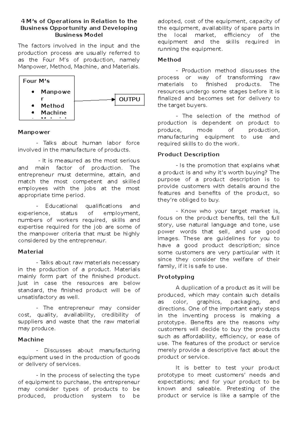 4M - Business Model Development with the 4 M’s of Operations - Studocu
