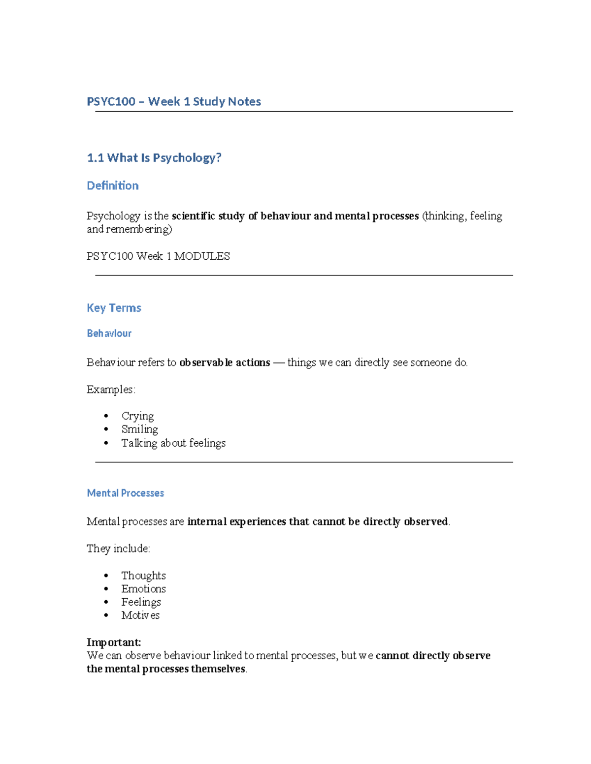 PSYC100 Week 1 Study Notes: Introduction to Psychology Concepts - Studocu