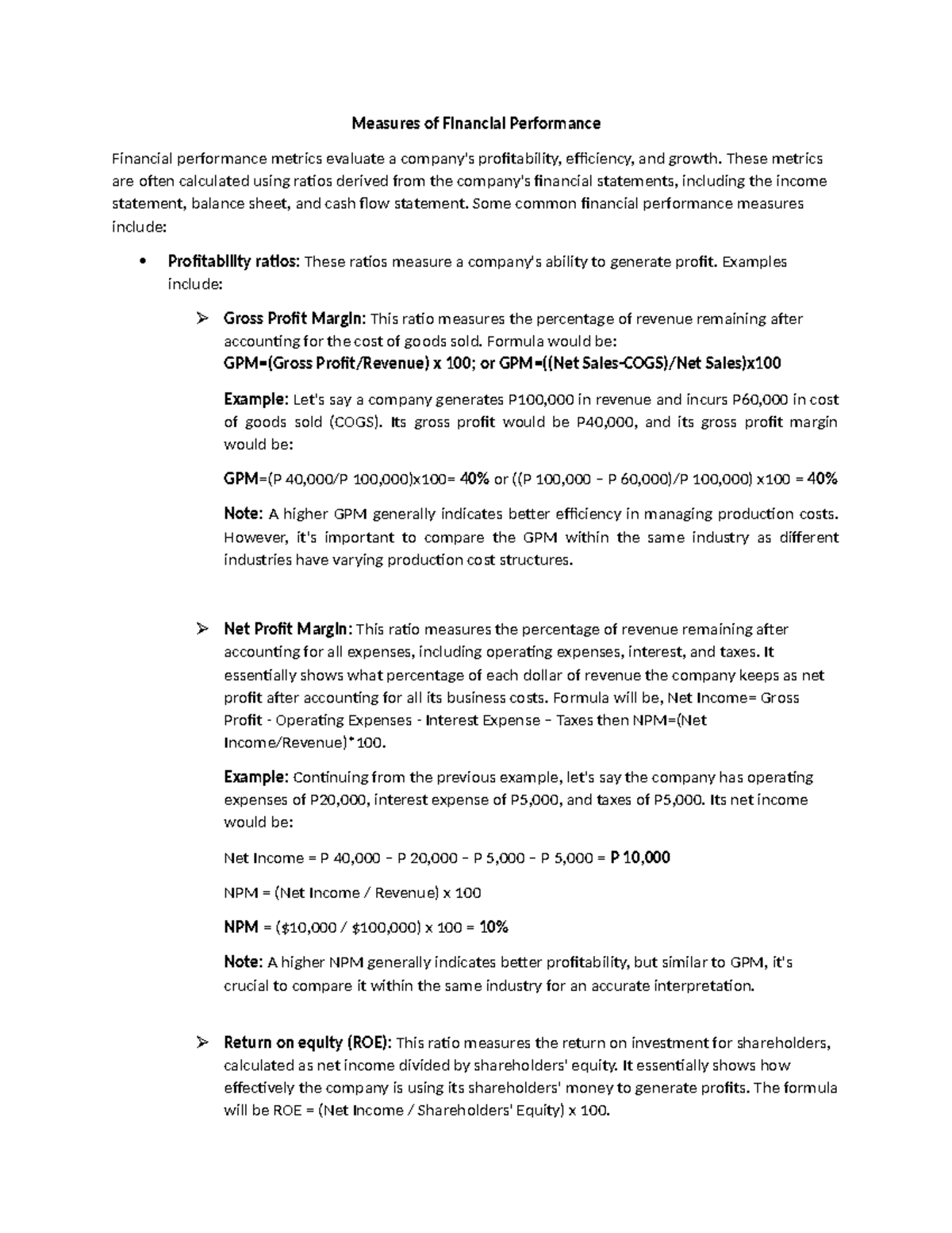Financial Ratios - Lecture Notes on Performance Metrics - Studocu