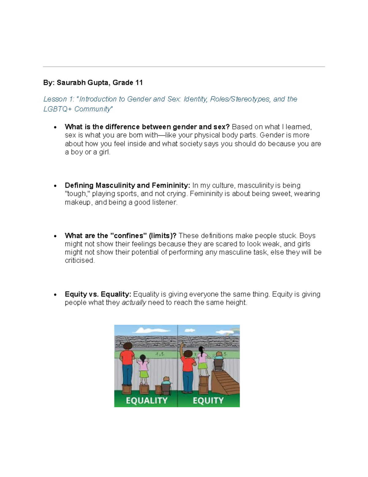 Grade 11 Lesson 1: Understanding Gender and Sex Differences - Studocu