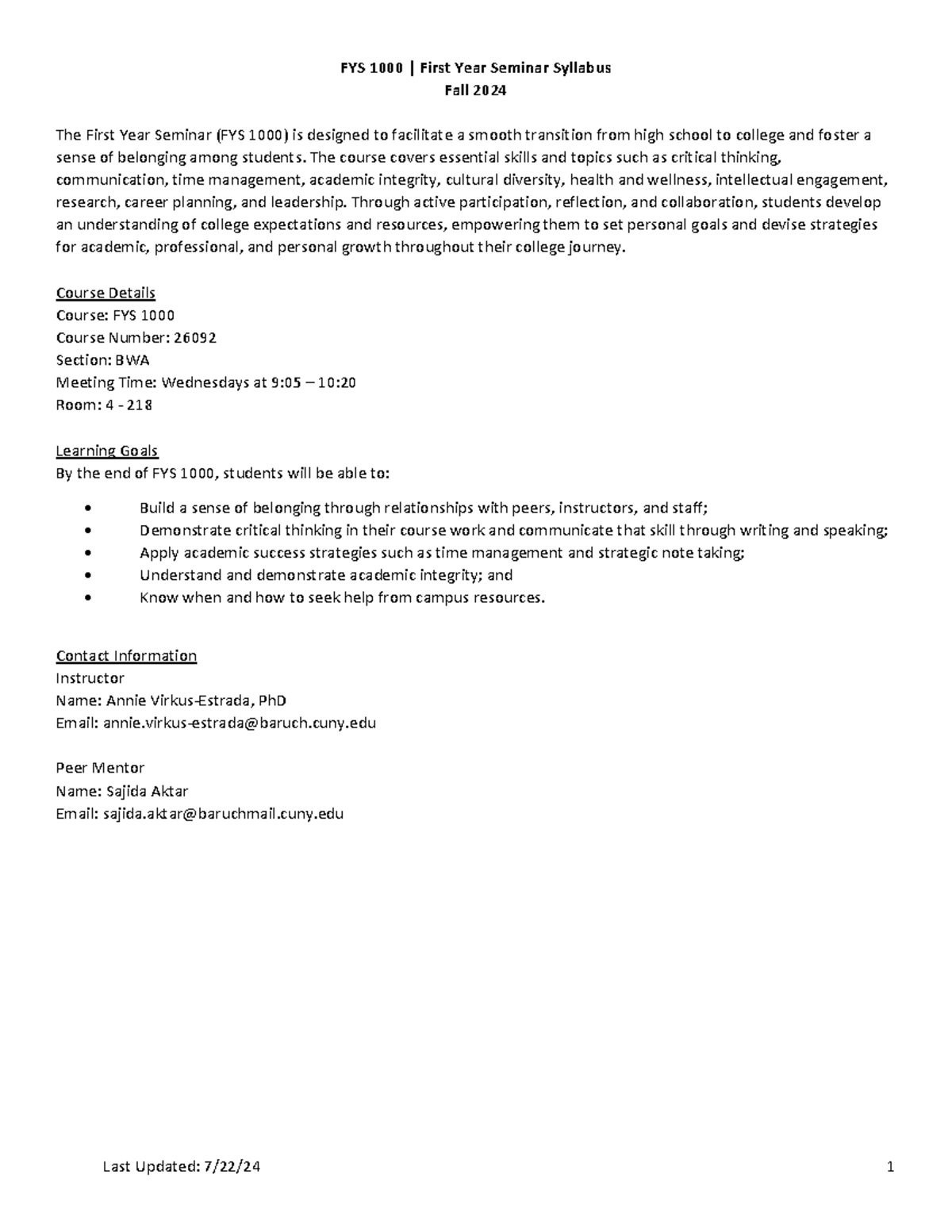 FYS 1000 Seminar Syllabus & Course Info - Fall 2024 - Studocu