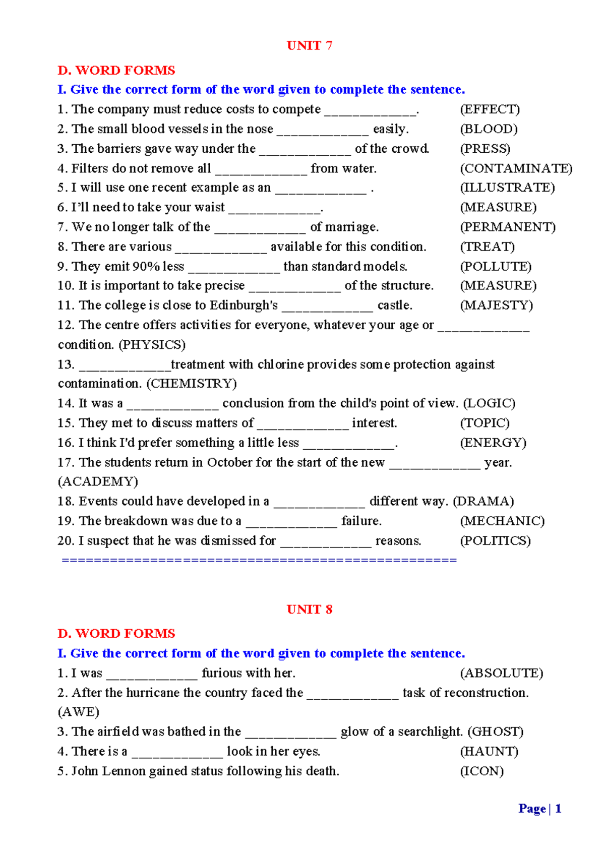 WORD FORMS E8 (UNIT 7-12) - Complete the Sentences with Correct Forms ...