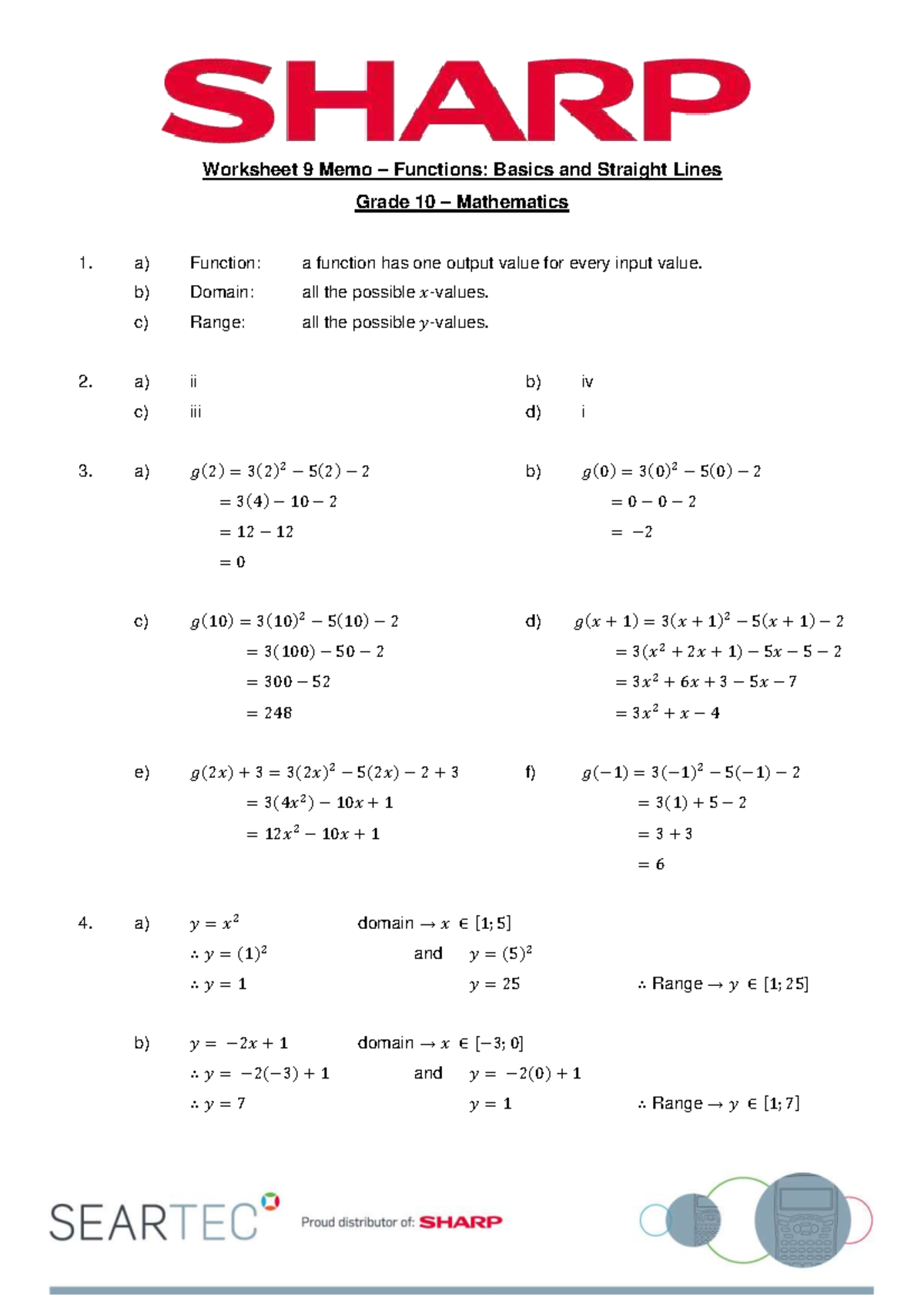 Grade 10 Math Worksheet 9 Memo: Functions & Straight Lines Basics - Studocu