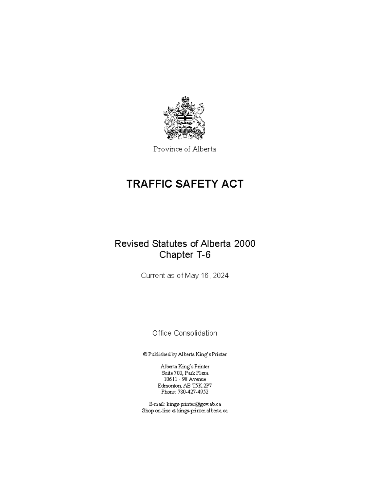 Alberta Traffic Safety Act (RSA Chapter) - Current as of May 2024 - Studocu