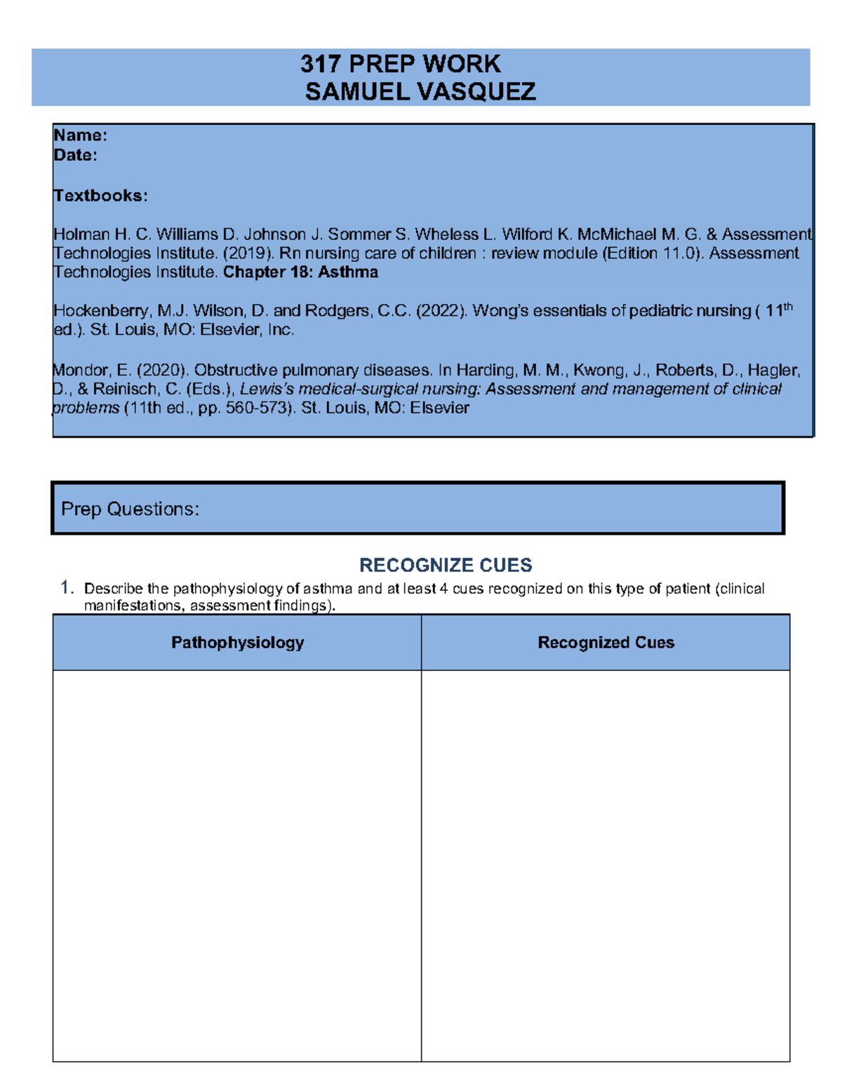 317 Pre-Work Review for Pediatric Asthma Management - Studocu