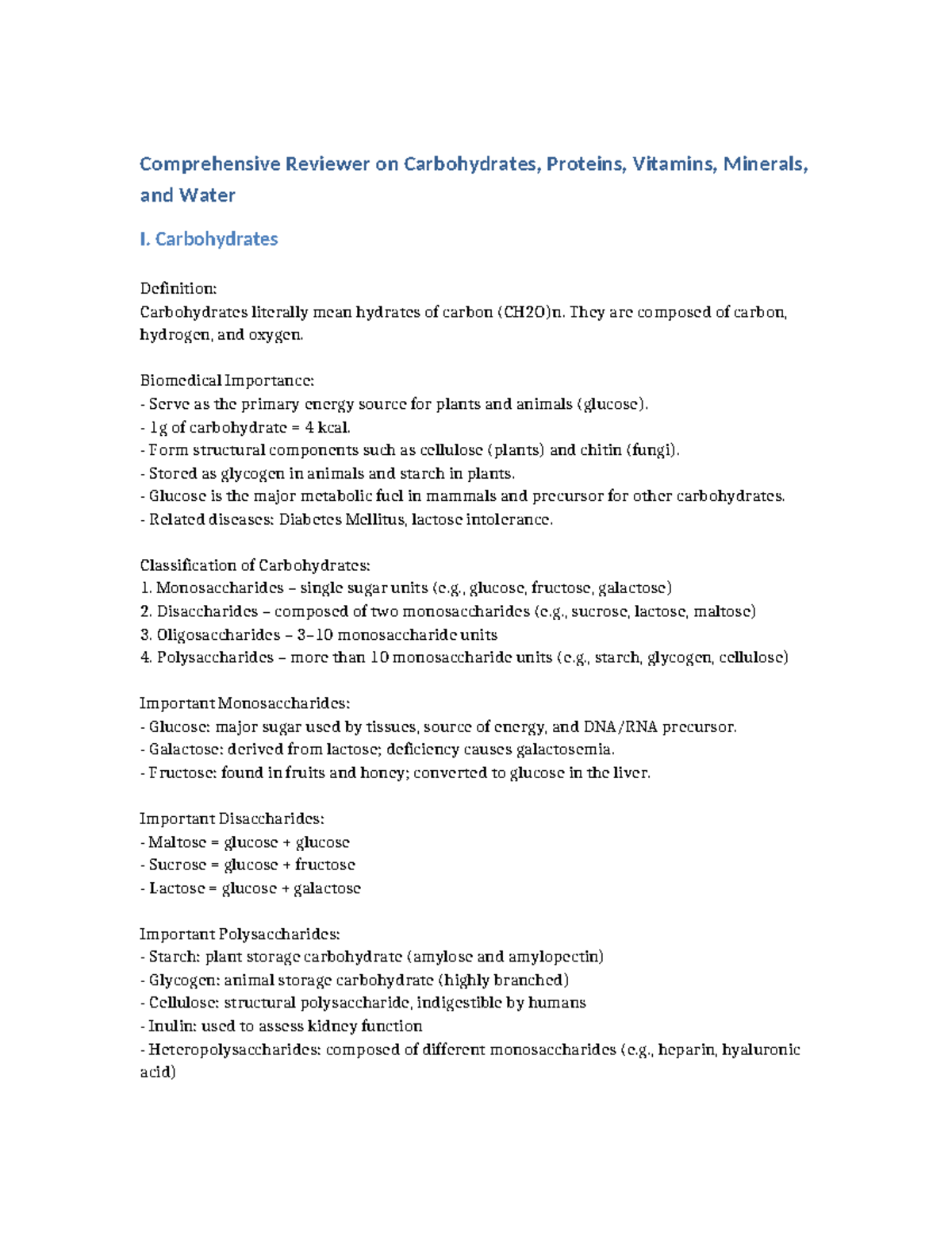 Nutrition Reviewer: Carbohydrates, Proteins, Vitamins, and Water I ...