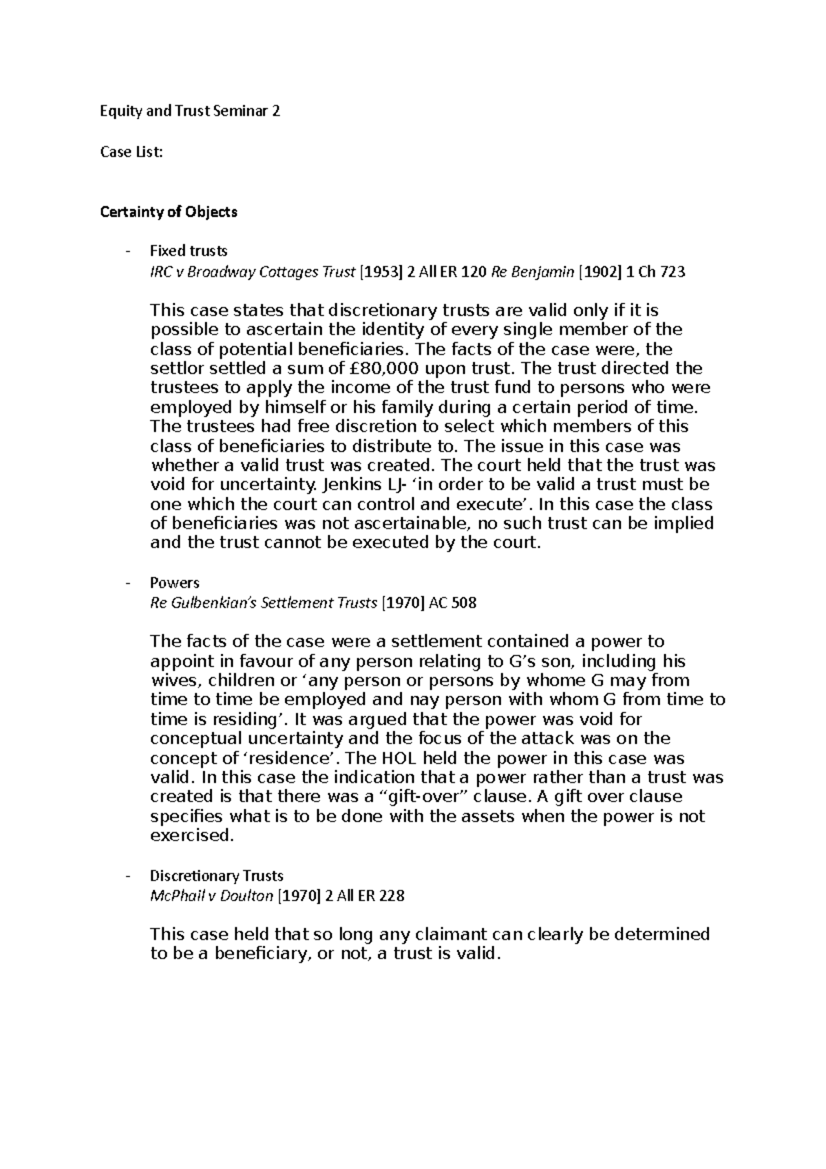 Equity & Trusts: Seminar 2 Case Summaries and Key Concepts - Studocu