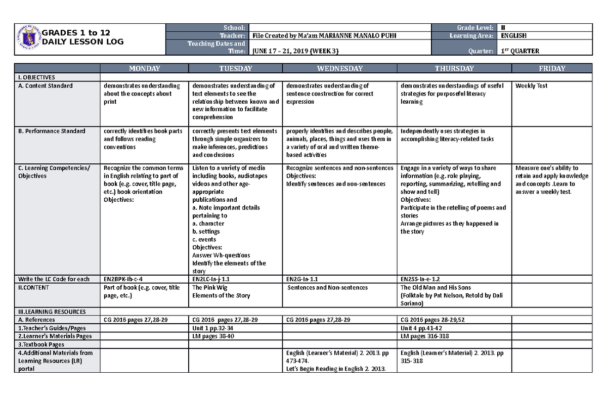DLL English 2 Q1 W3 - GRADES 1 to 12 DAILY LESSON LOG School: Grade ...