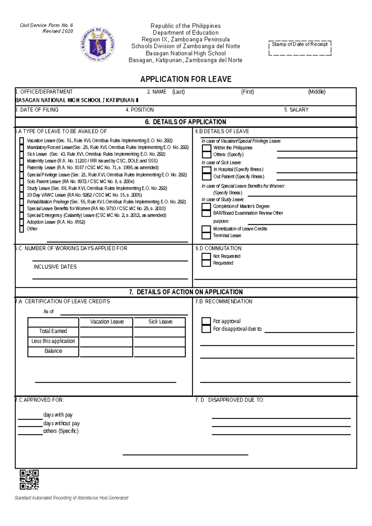 Application for Leave - Civil Service Form No. 6 (Revised 2020) - Studocu